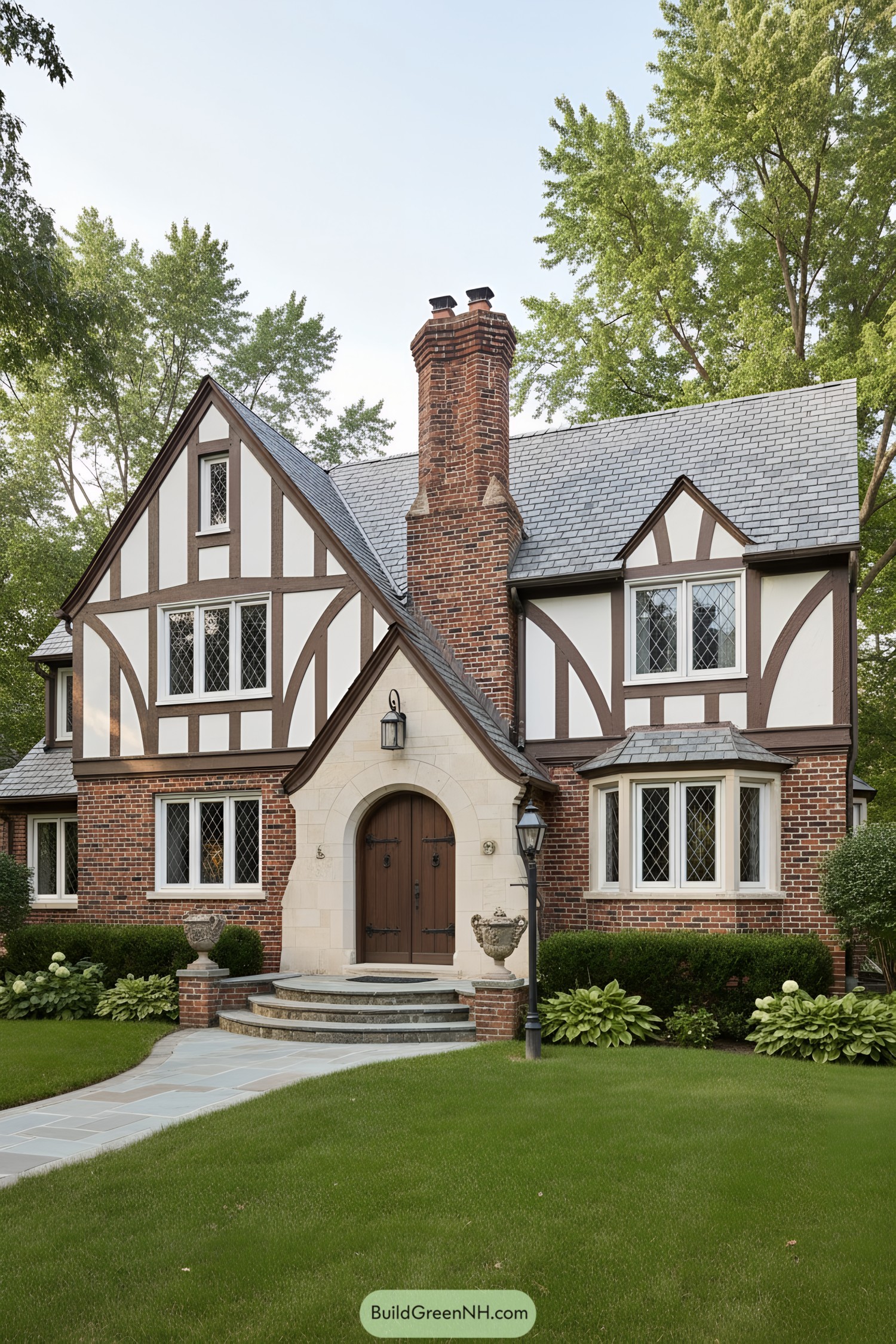 Brick-and-timber Tudor with arched entry and slate roof