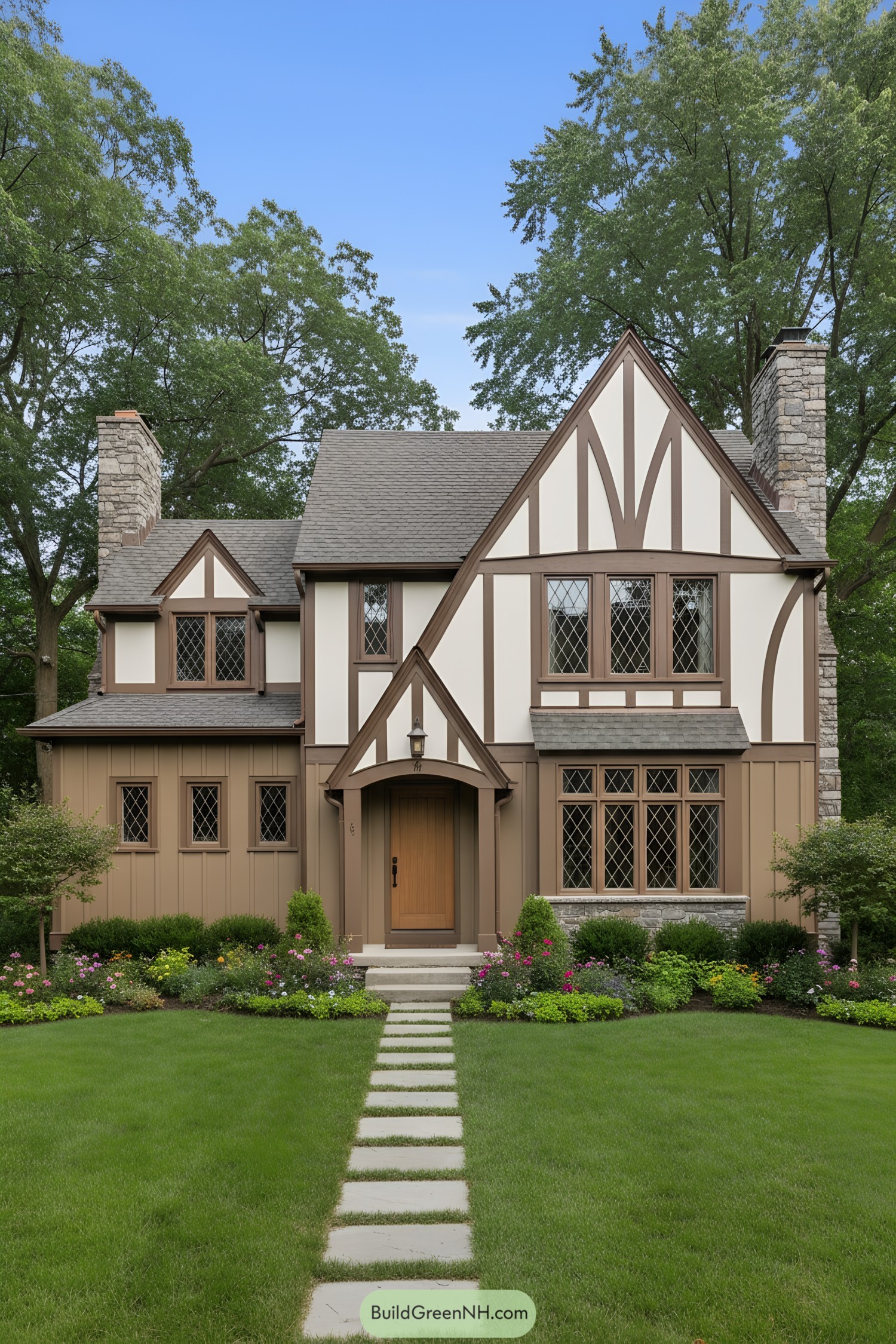 Tudor home with half-timbering and diamond windows