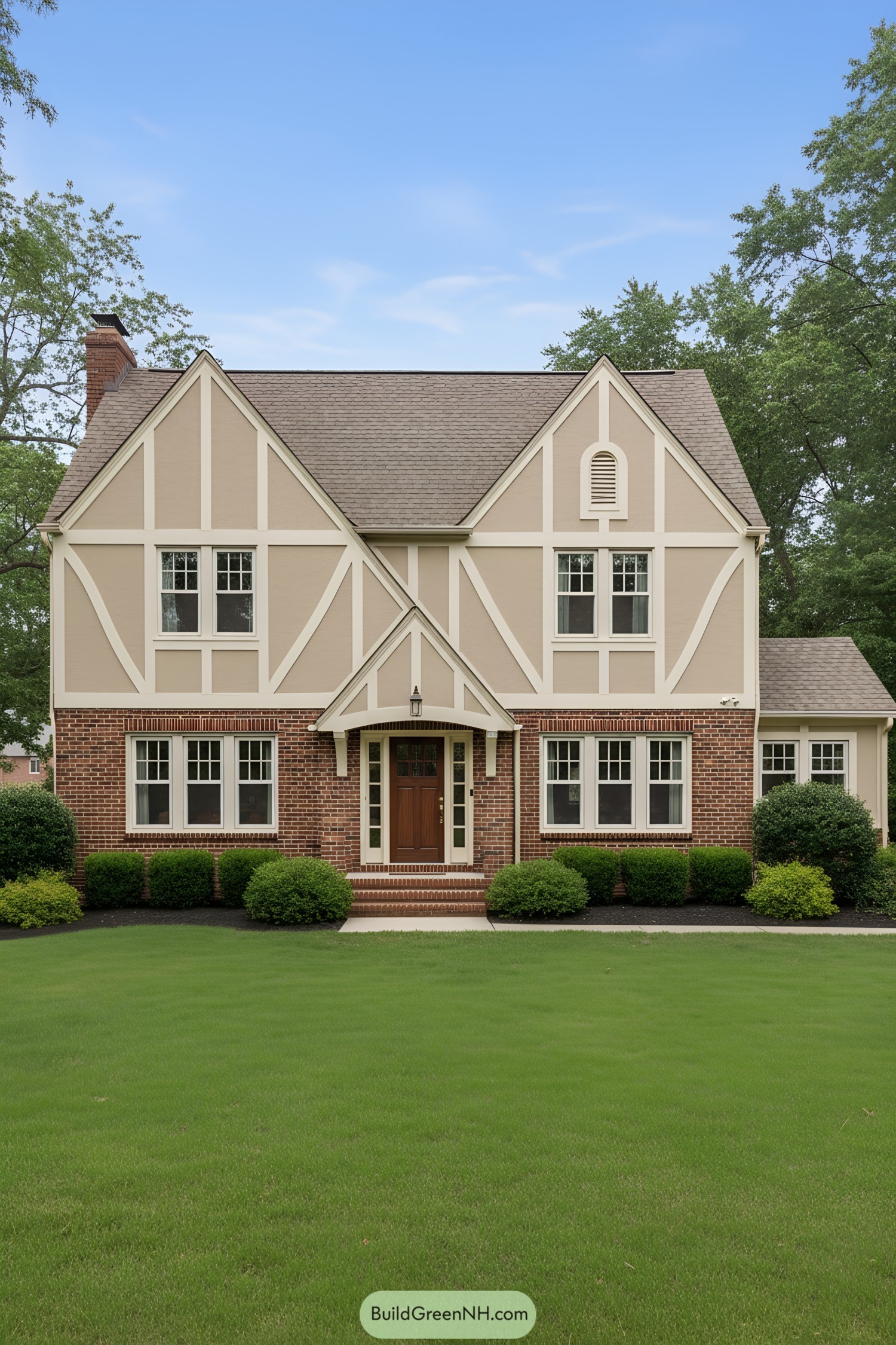 Two-story Tudor facade with brick first level, cream half-timbering above, and centered gabled porch. Symmetrical windows, steep cross-gables, and a side chimney anchor the composition