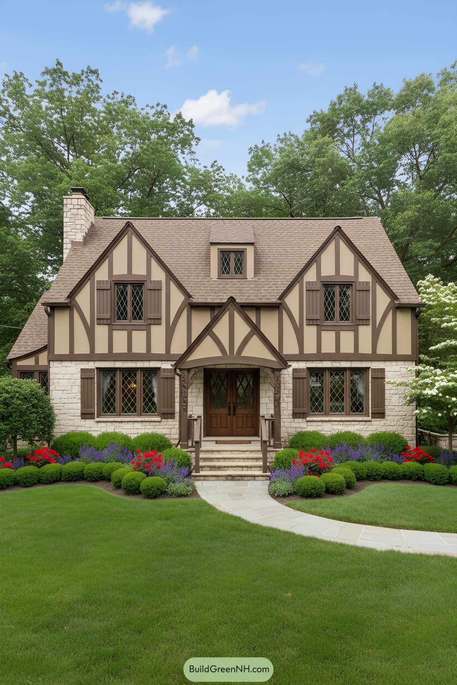 Tudor cottage with half-timbering, stone base, gabled porch, lattice windows, and manicured garden beds