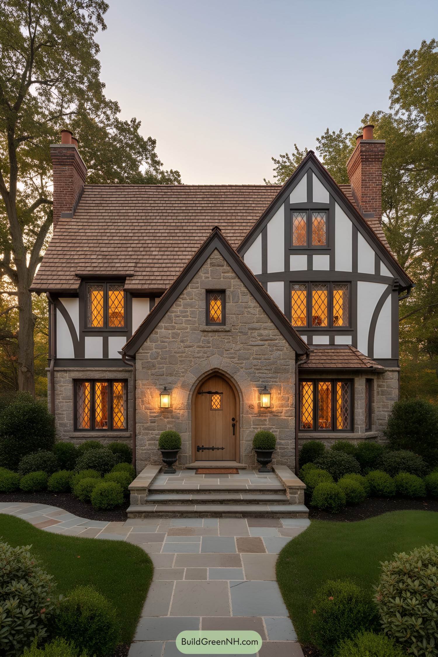 Stone-front Tudor with steep gables and leaded windows