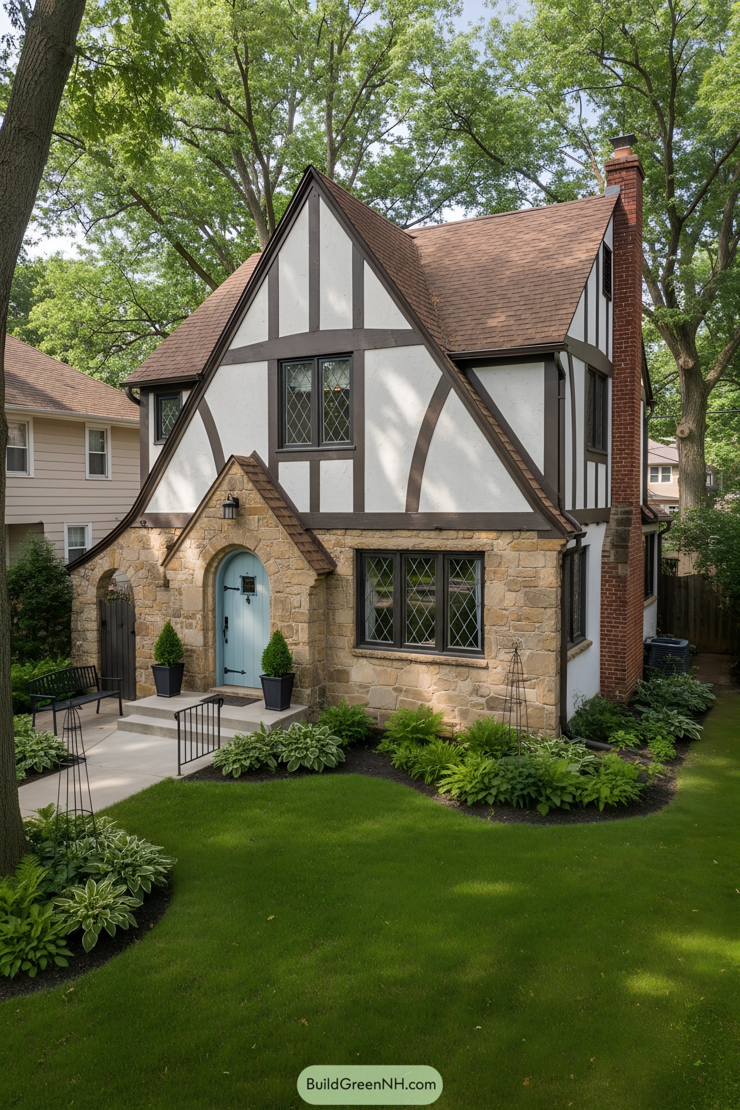 Steep-gabled Tudor cottage with stone base, half-timbering, aqua arched door, diamond-pane windows, and tidy garden
