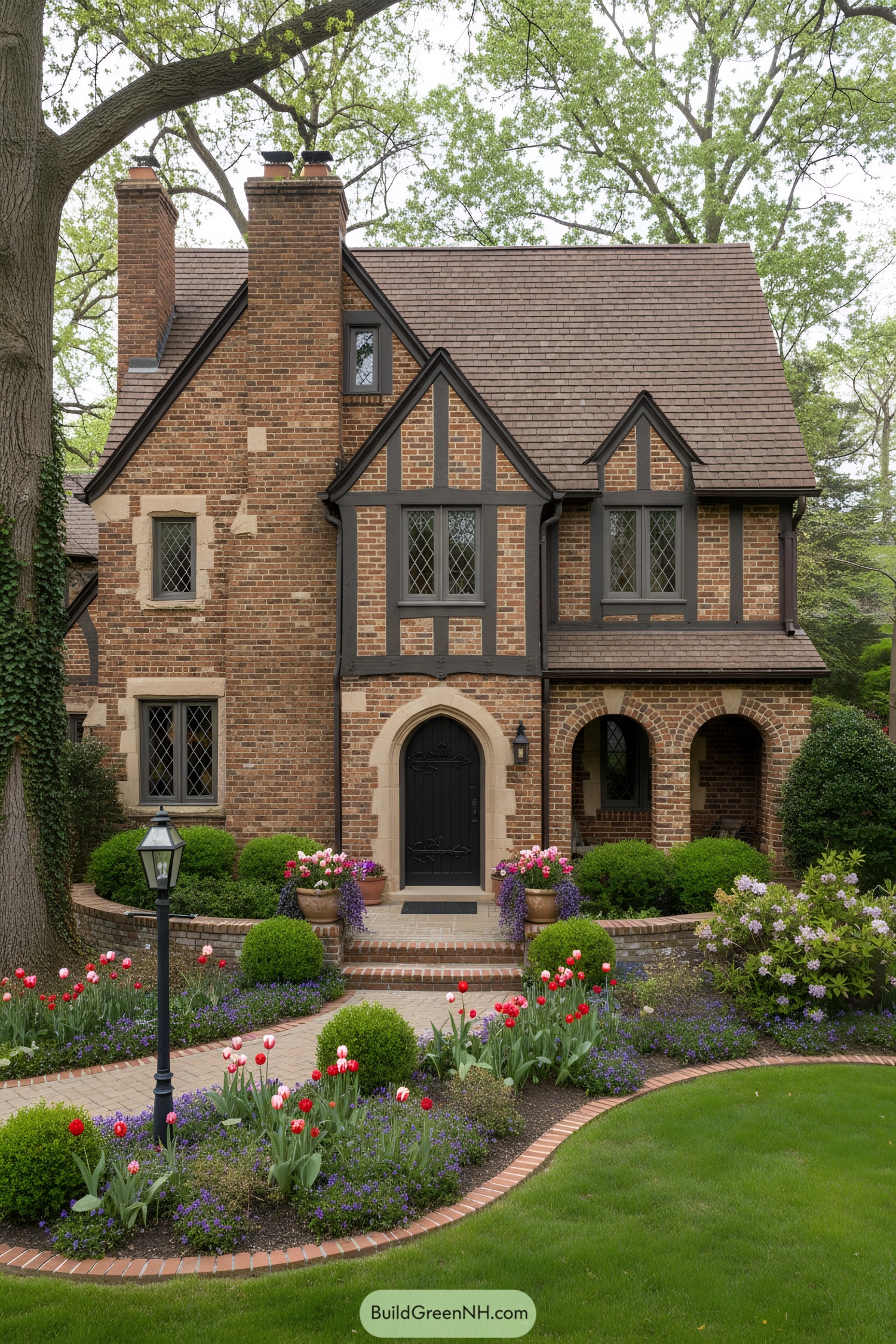 Tudor brick house with steep gables, arched entry, and diamond-pane windows