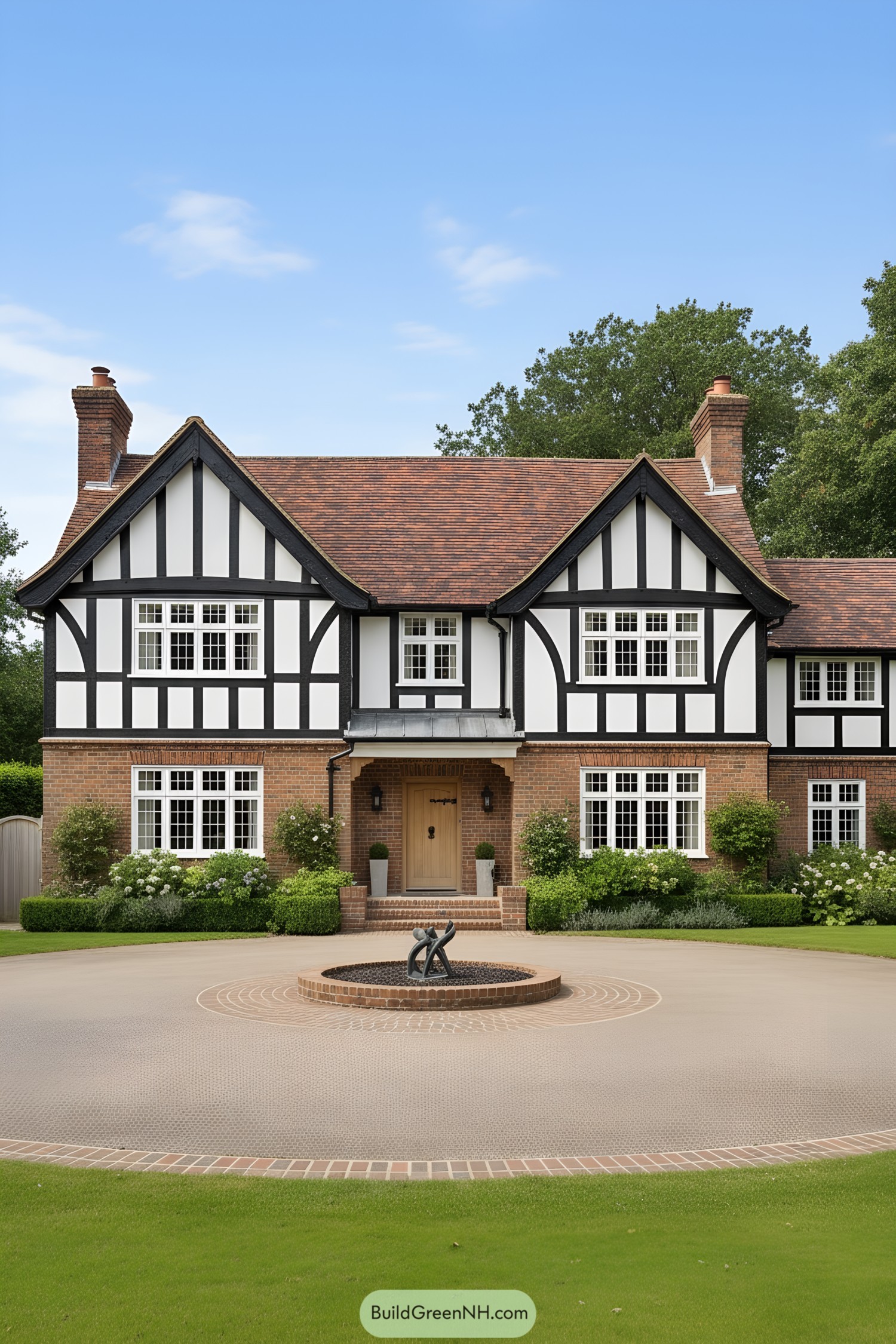 Two-story Tudor home with black-and-white half-timbering, warm brick base, and twin chimneys flanking a clay-tile roof