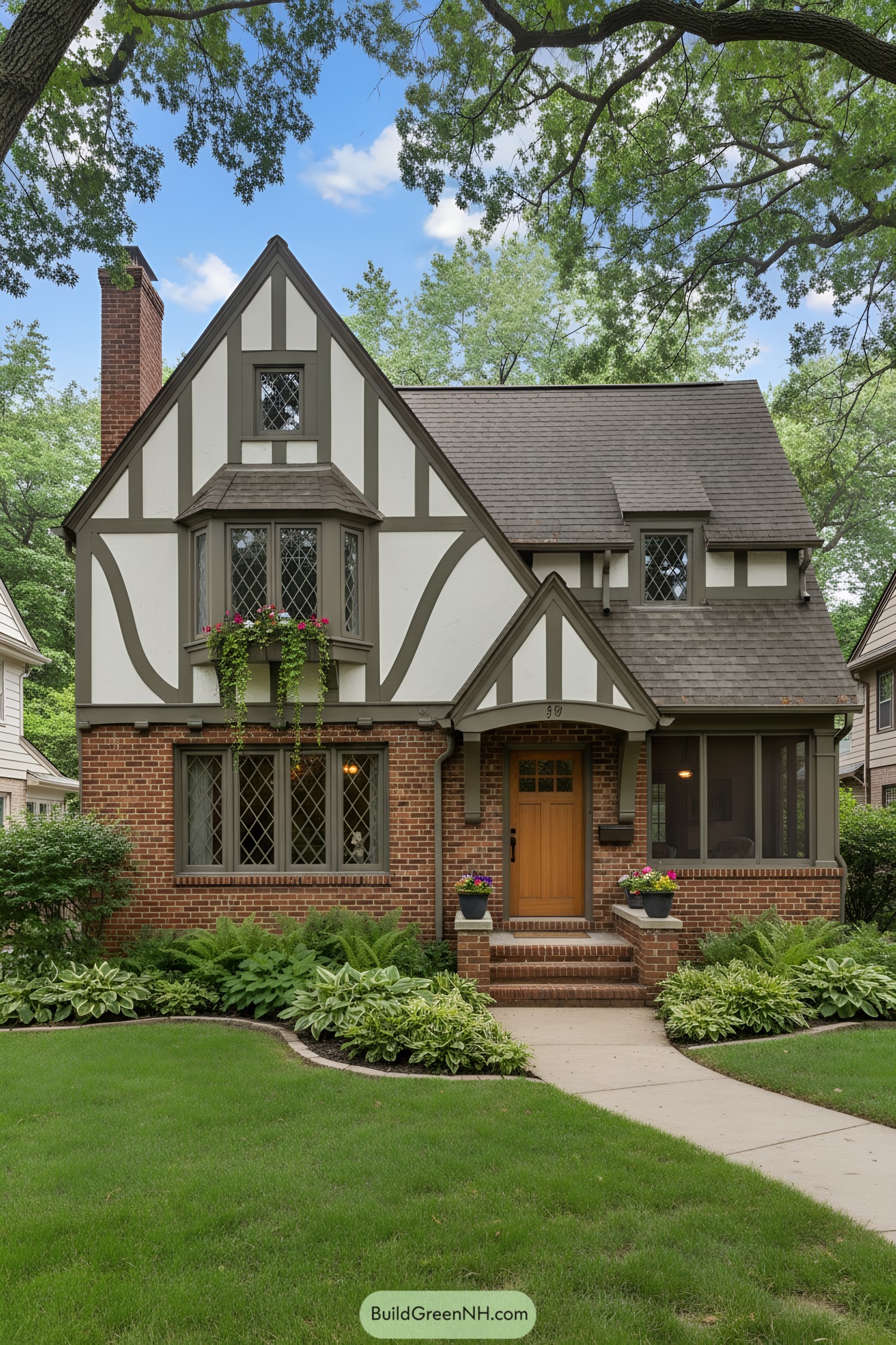 Two-story Tudor with brick base, half-timber gables, diamond-leaded windows, and a cozy arched entry