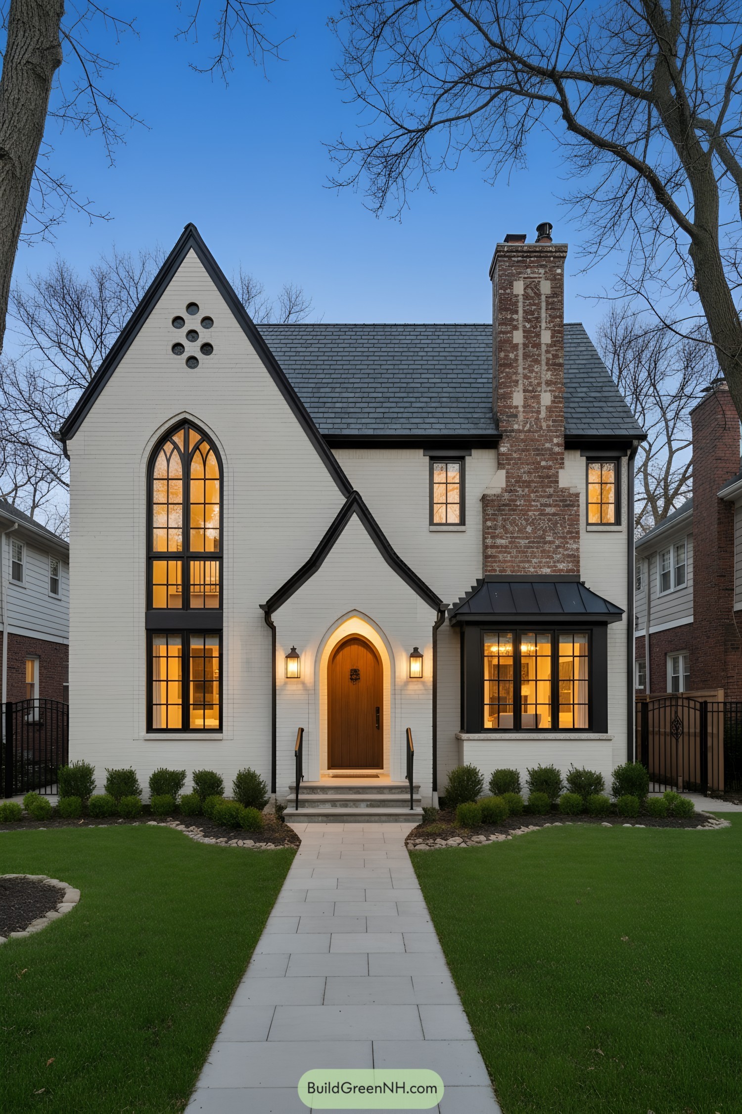 White-brick Tudor with tall lancet windows, slate roof, and brick chimney at dusk
