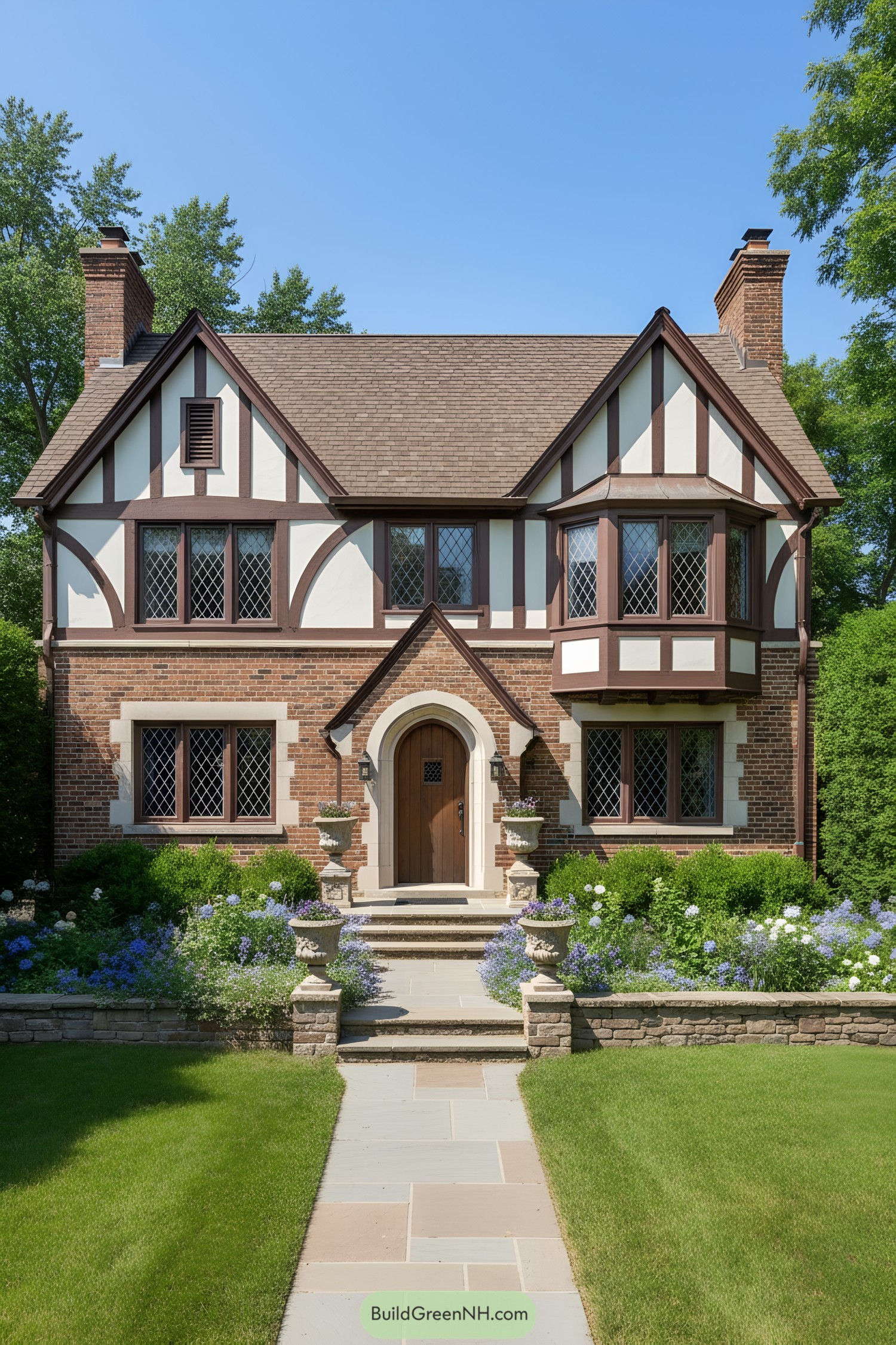 Two-story Tudor with brick, half-timbering, and bay window