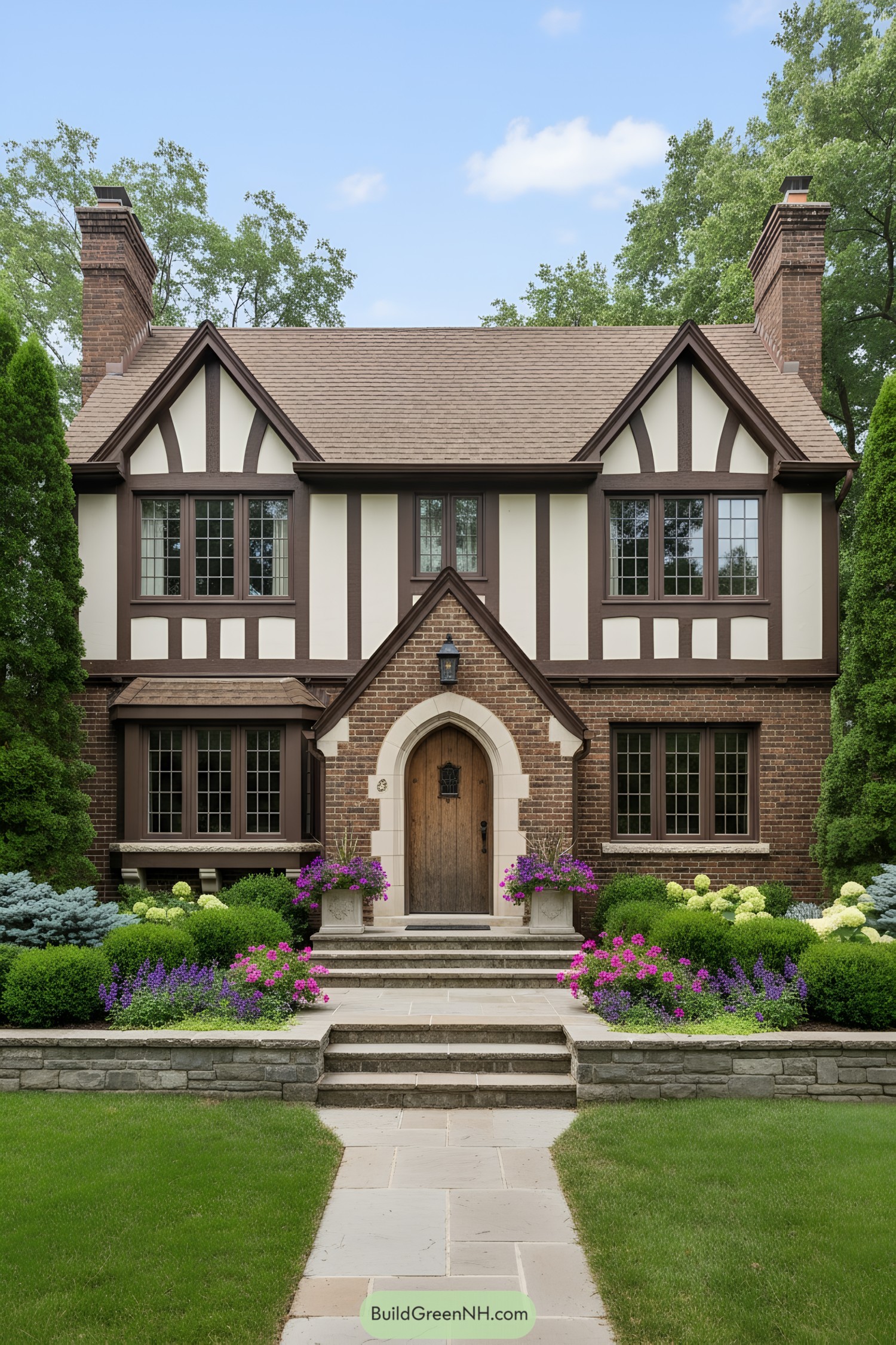 Brown-Timber Tudor facade with arched stone entry