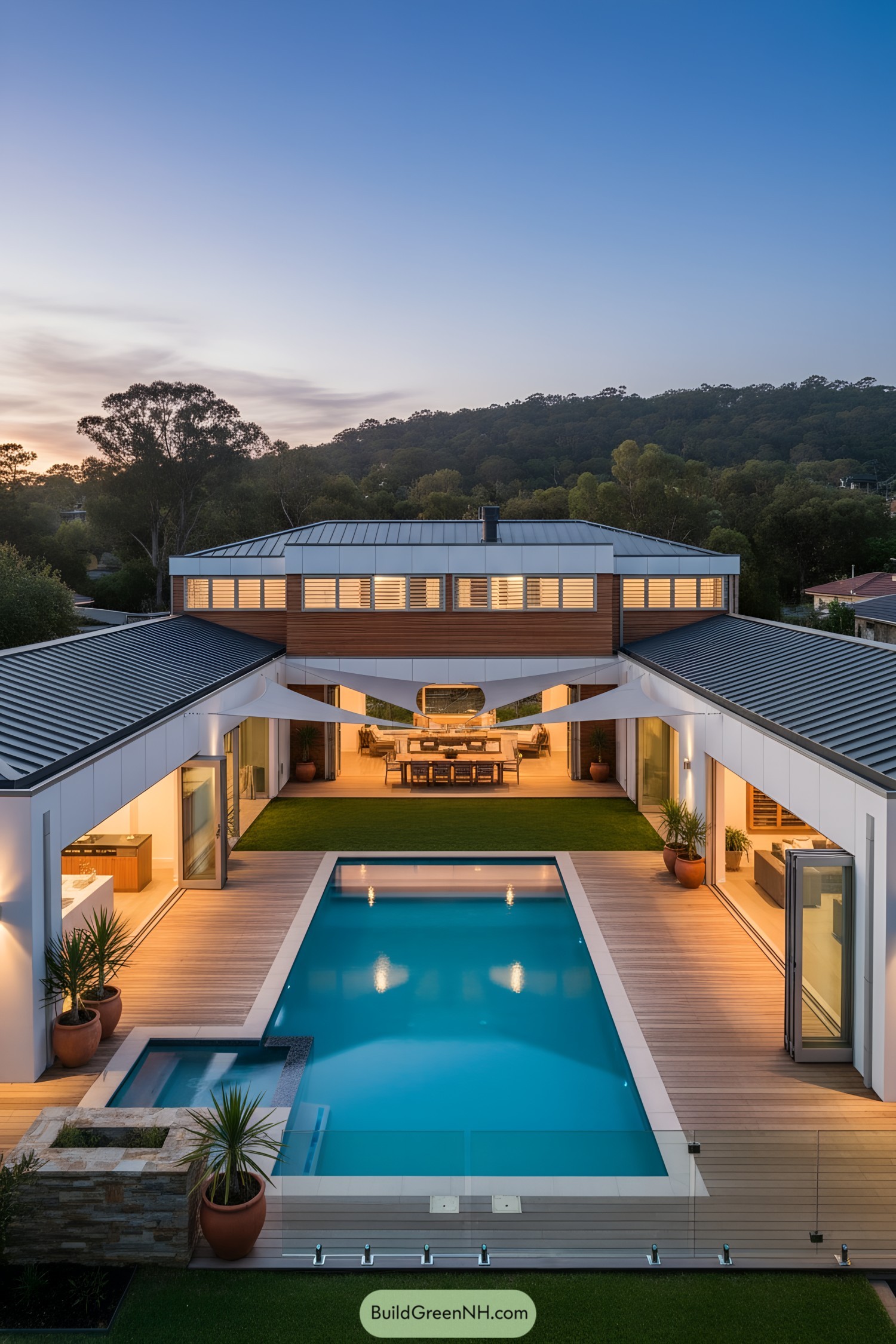 U-shaped modern home with central pool