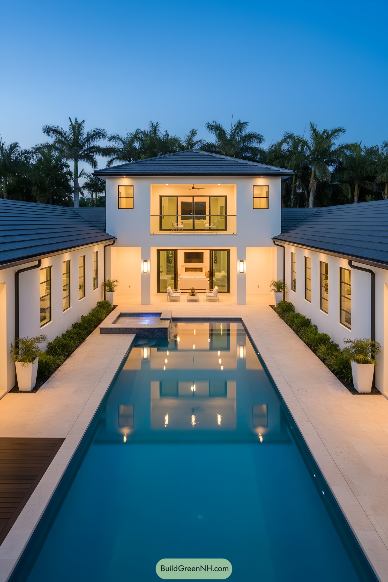 Modern U-shaped home with central lap pool at dusk, flanked by white stucco wings and palm-lined backdrop