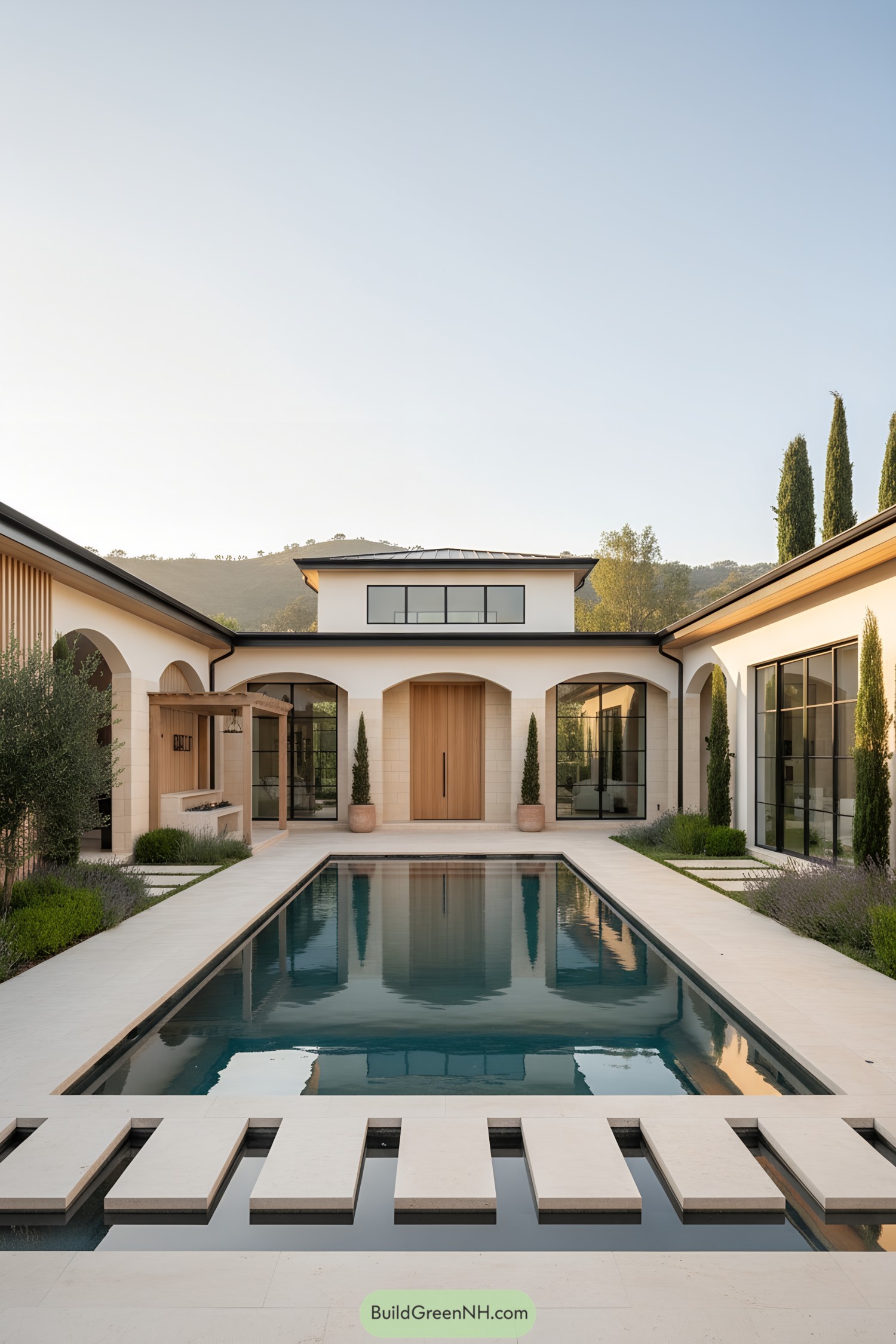 U-shaped home with central pool, arches, and stepping-stone bridge