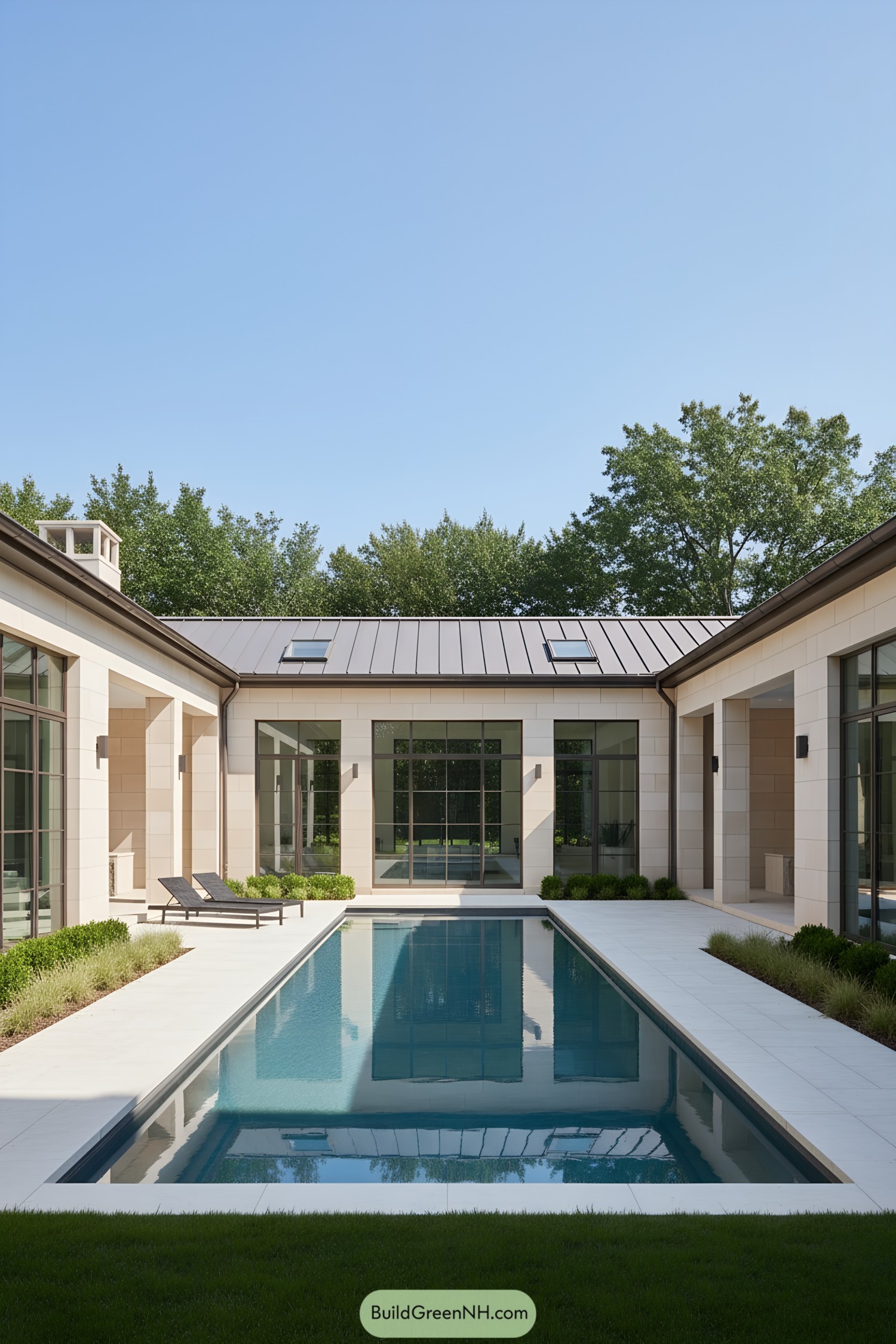 Modern U-shaped home with central lap pool and large glass doors