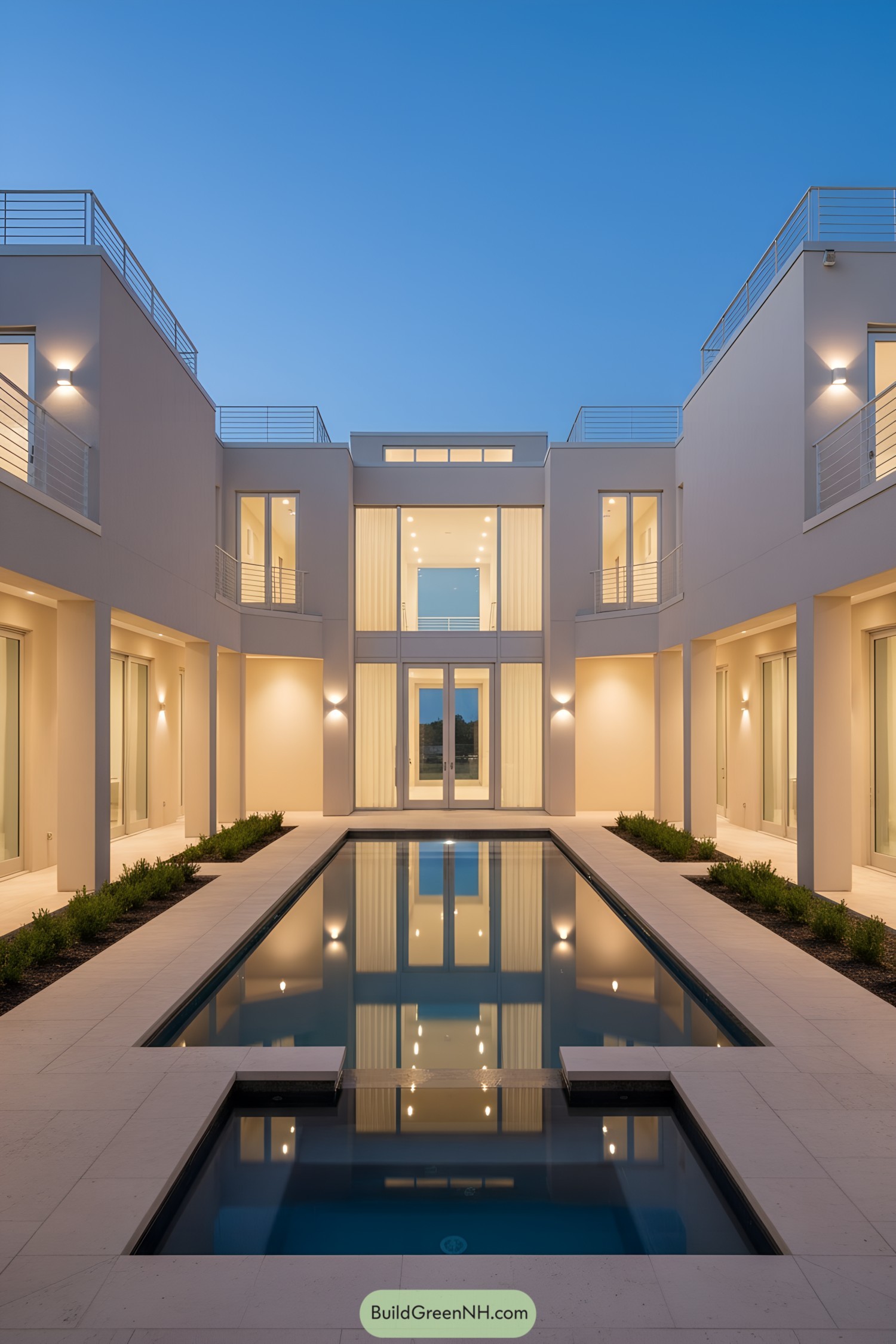 Modern U-shaped home with central lap pool at dusk