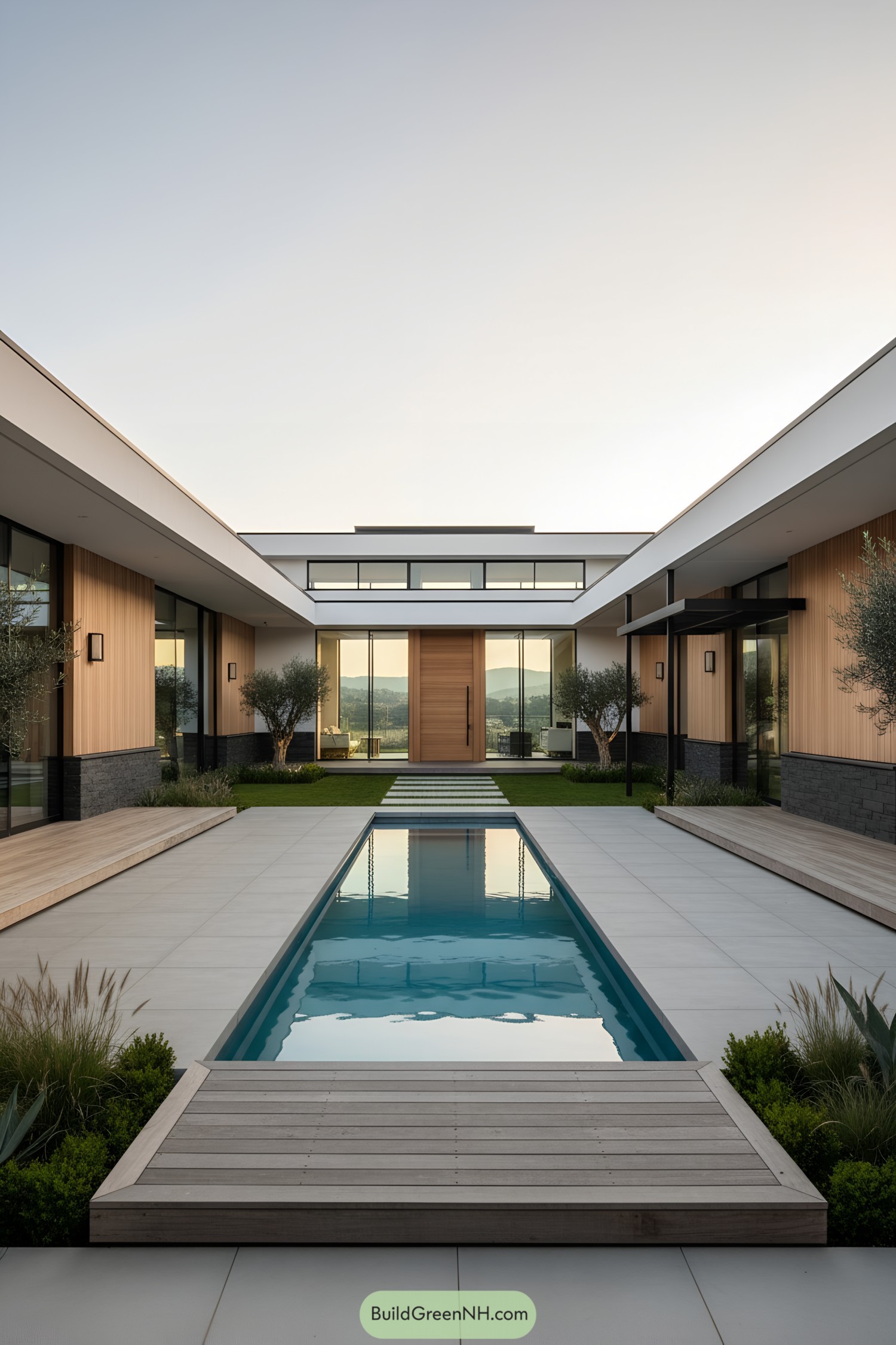 Modern U-shaped home with central lap pool framed by wood, stone, and glass