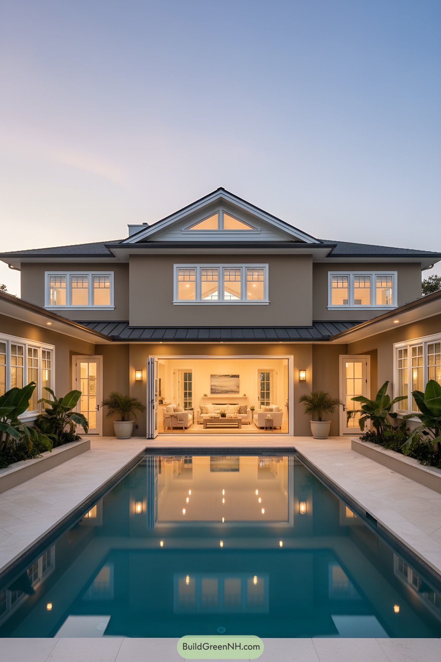 U-shaped home with central lap pool at dusk