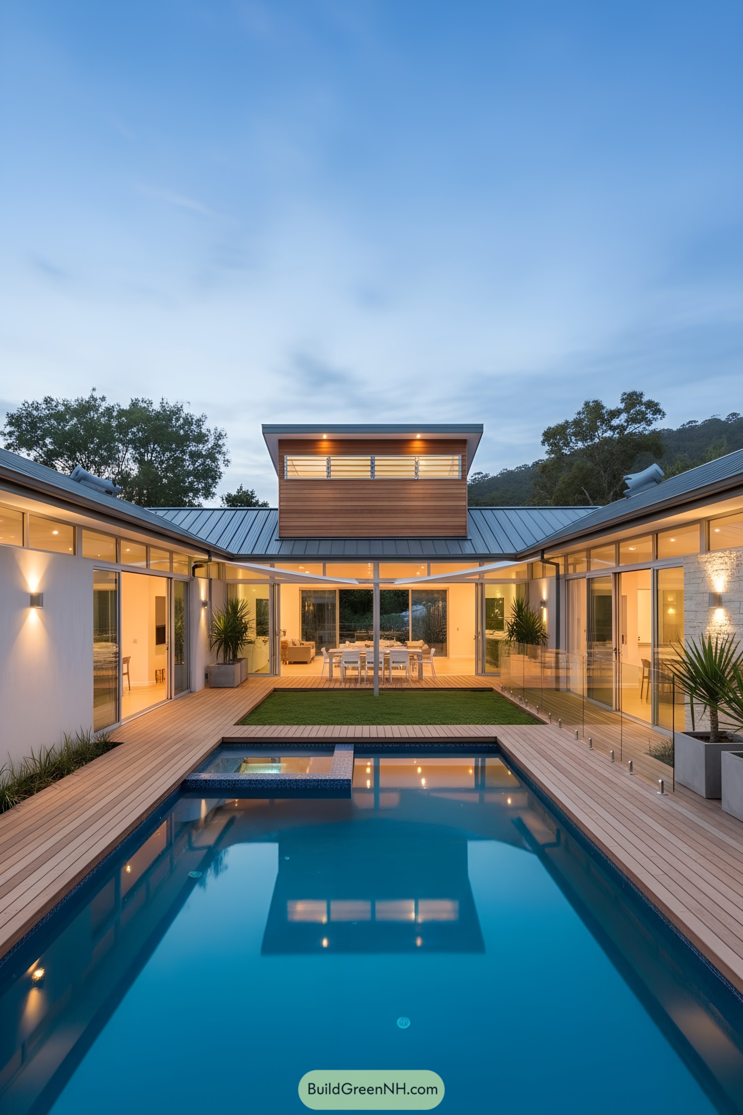 U-shaped home with central pool and spa