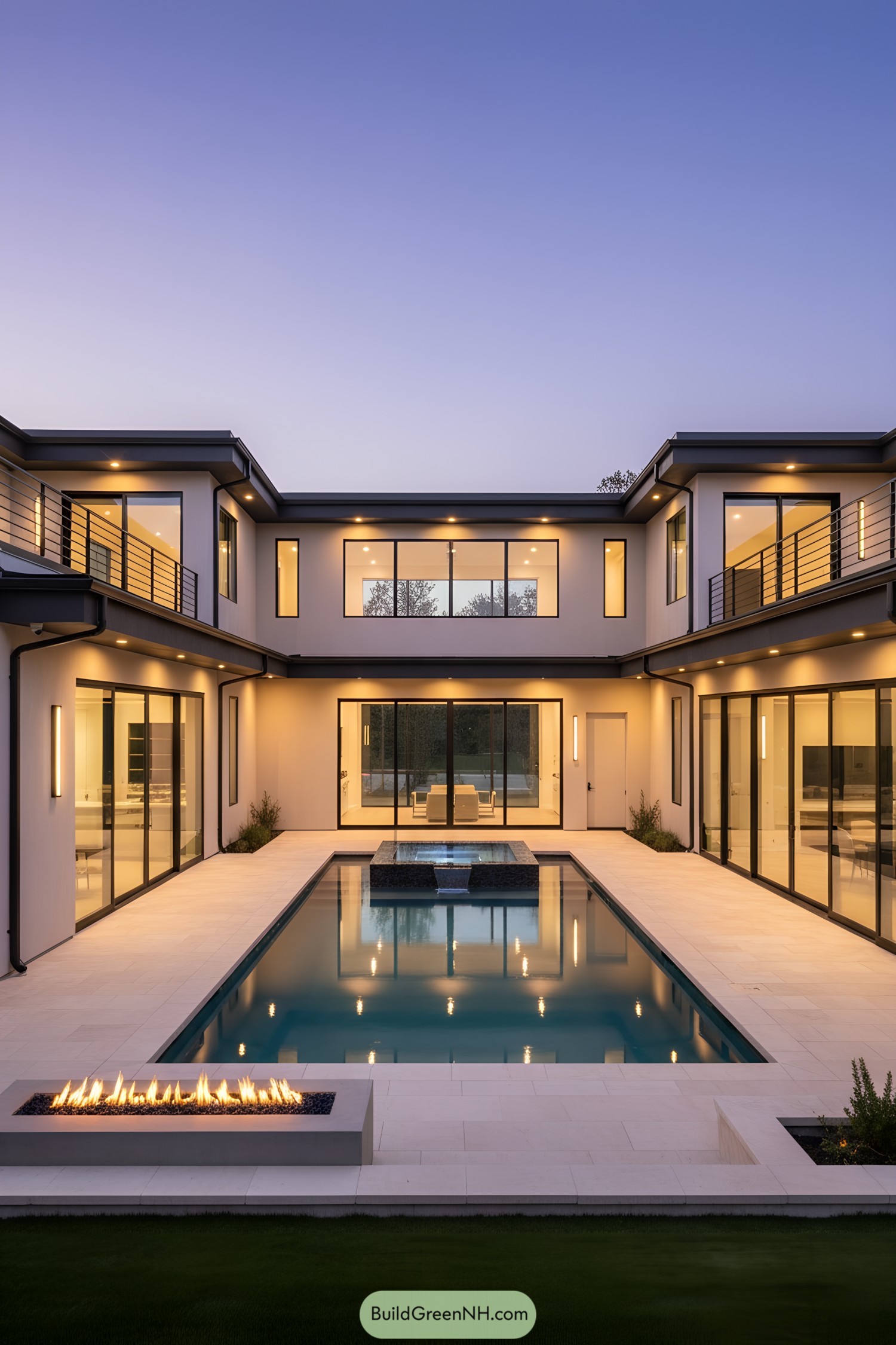 Modern U-shaped home with central pool, spa, and fire feature at dusk
