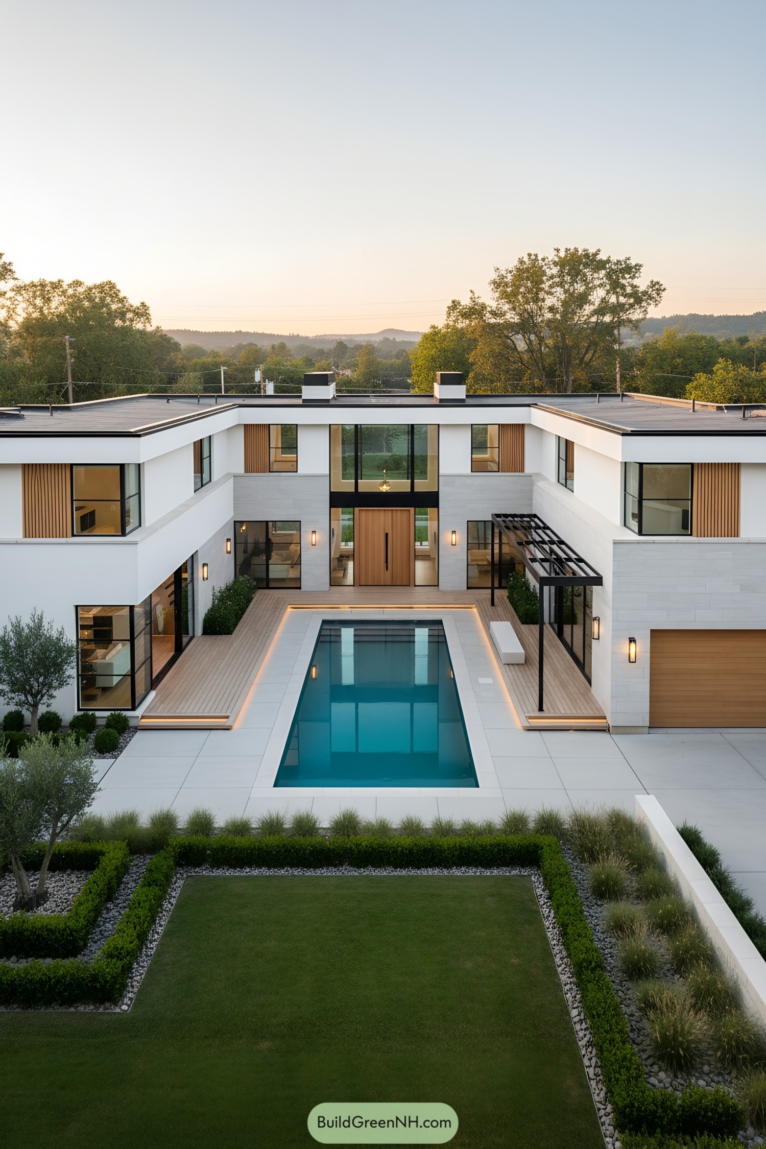 U-shaped modern home with central lap pool
