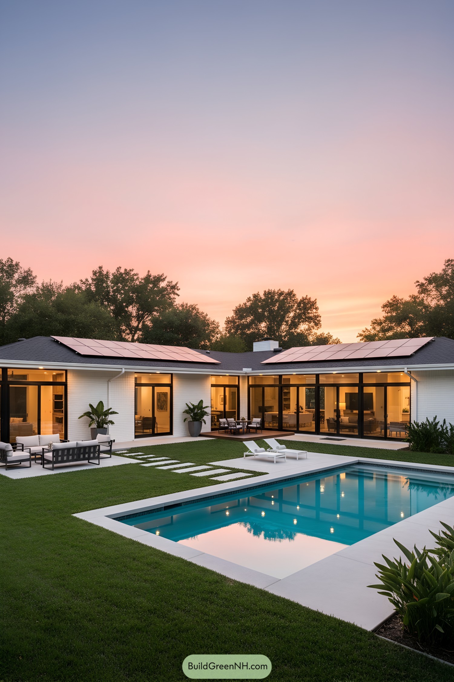 Modern U-shaped home with central pool at sunset