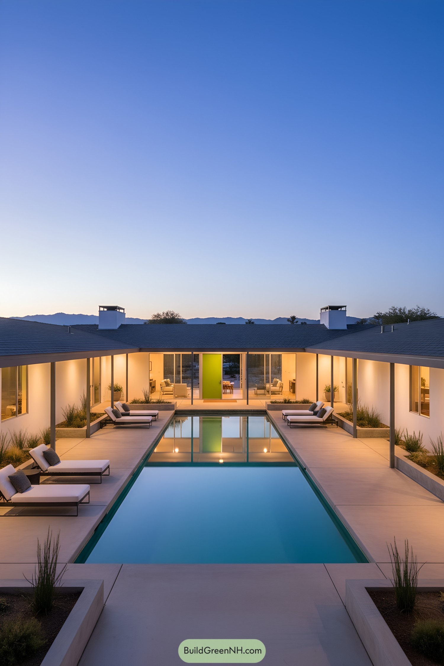 U-shaped modern home with central pool at dusk