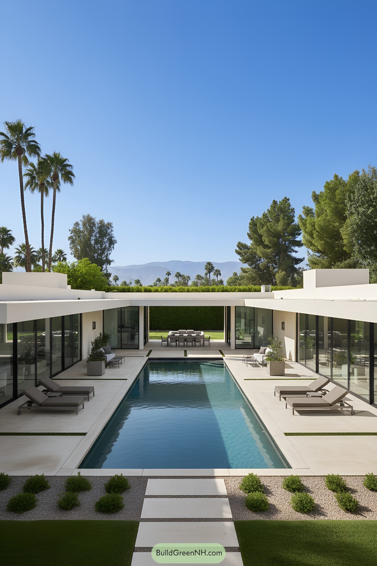 Modern U-shaped home with central lap pool, glass walls, and mountain backdrop