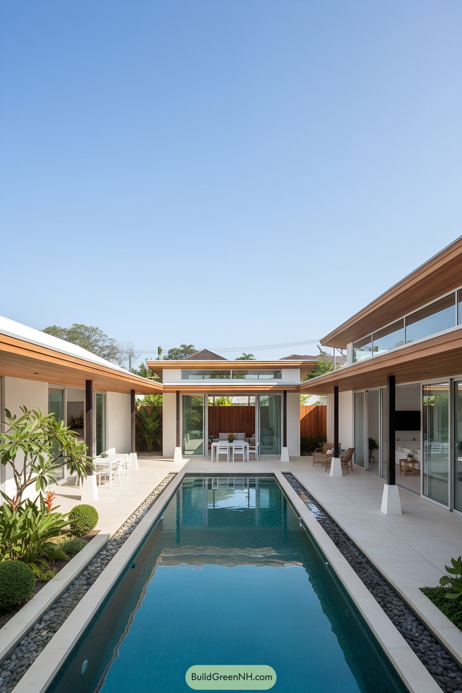 U-shaped modern home with central lap pool