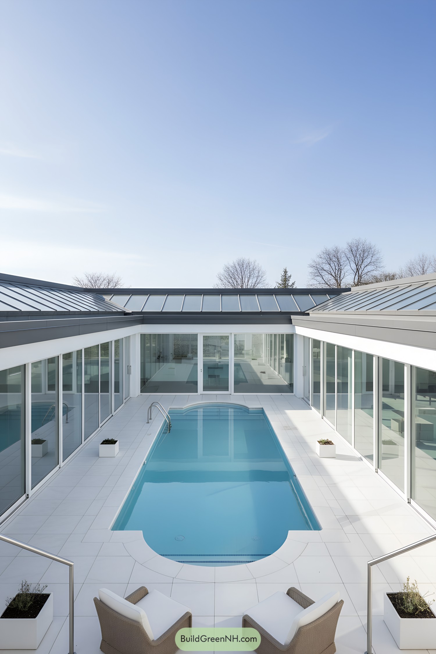Minimalist white U-shaped courtyard with central pool