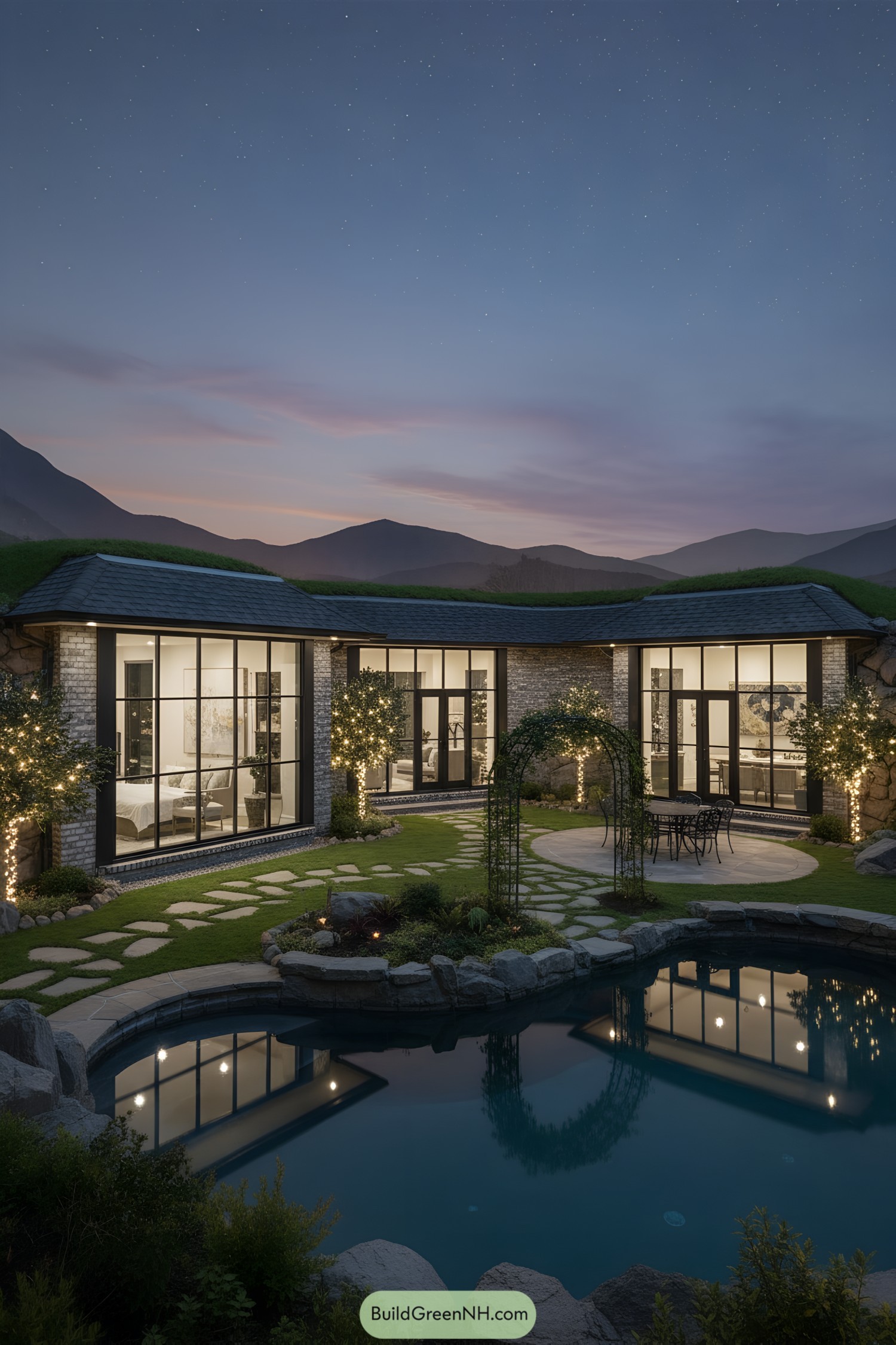 A modern underground house with a garden and pool at dusk
