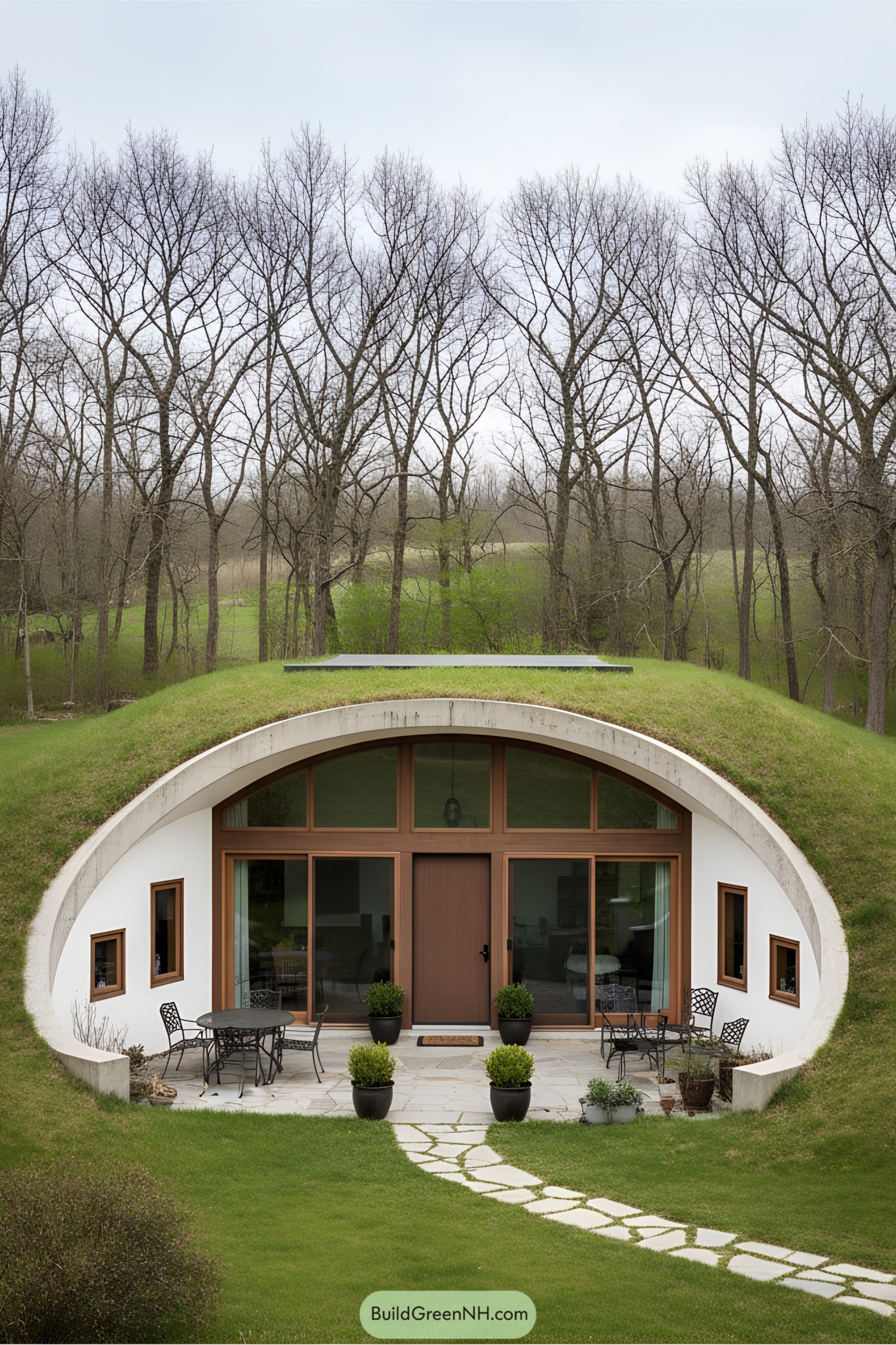 Earth-sheltered home with lush grass roof and modern entrance