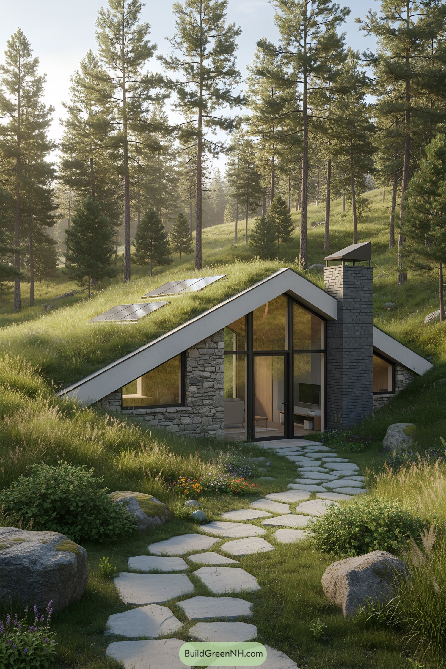 Modern underground home with grassy roof and solar panels