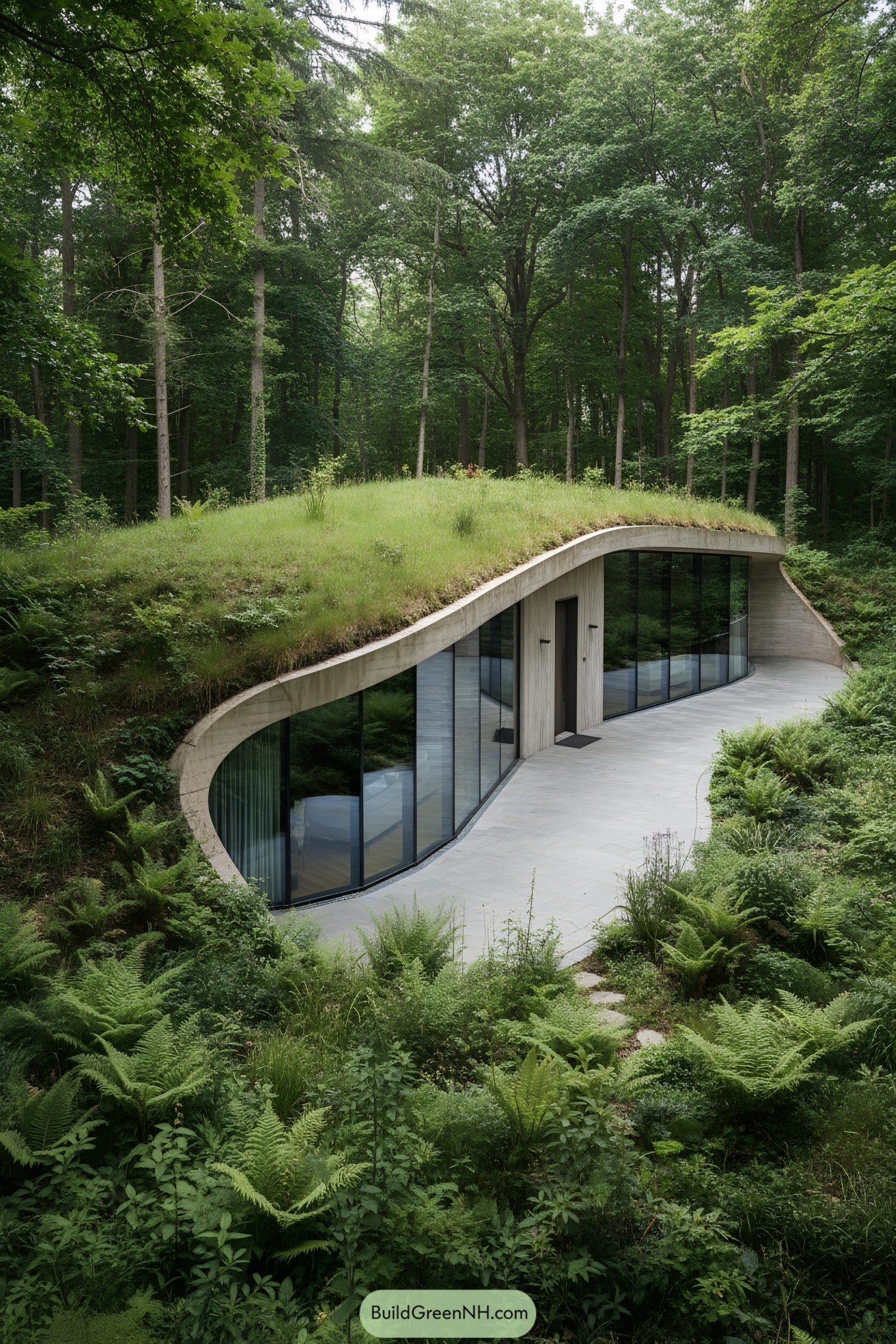 Underground house with a grass-covered roof in a forest setting