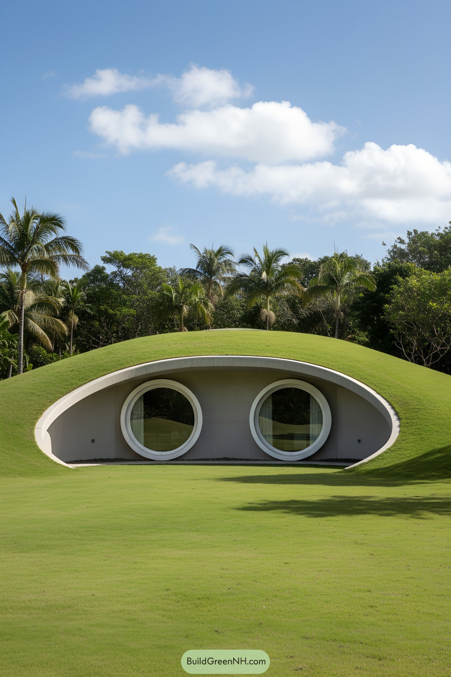 Underground house with circular windows and grass roof