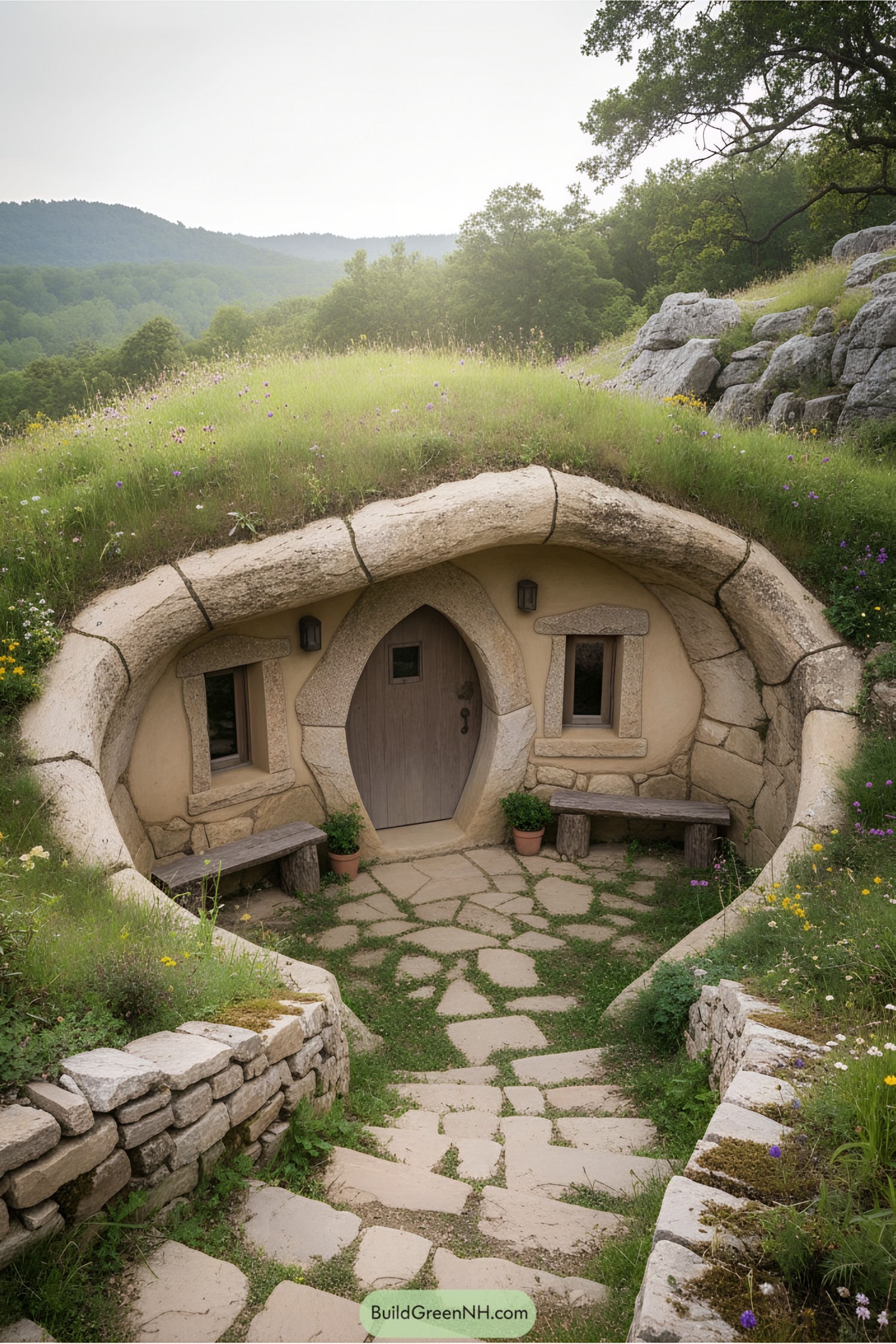 Charming underground house with stone facade and green roof