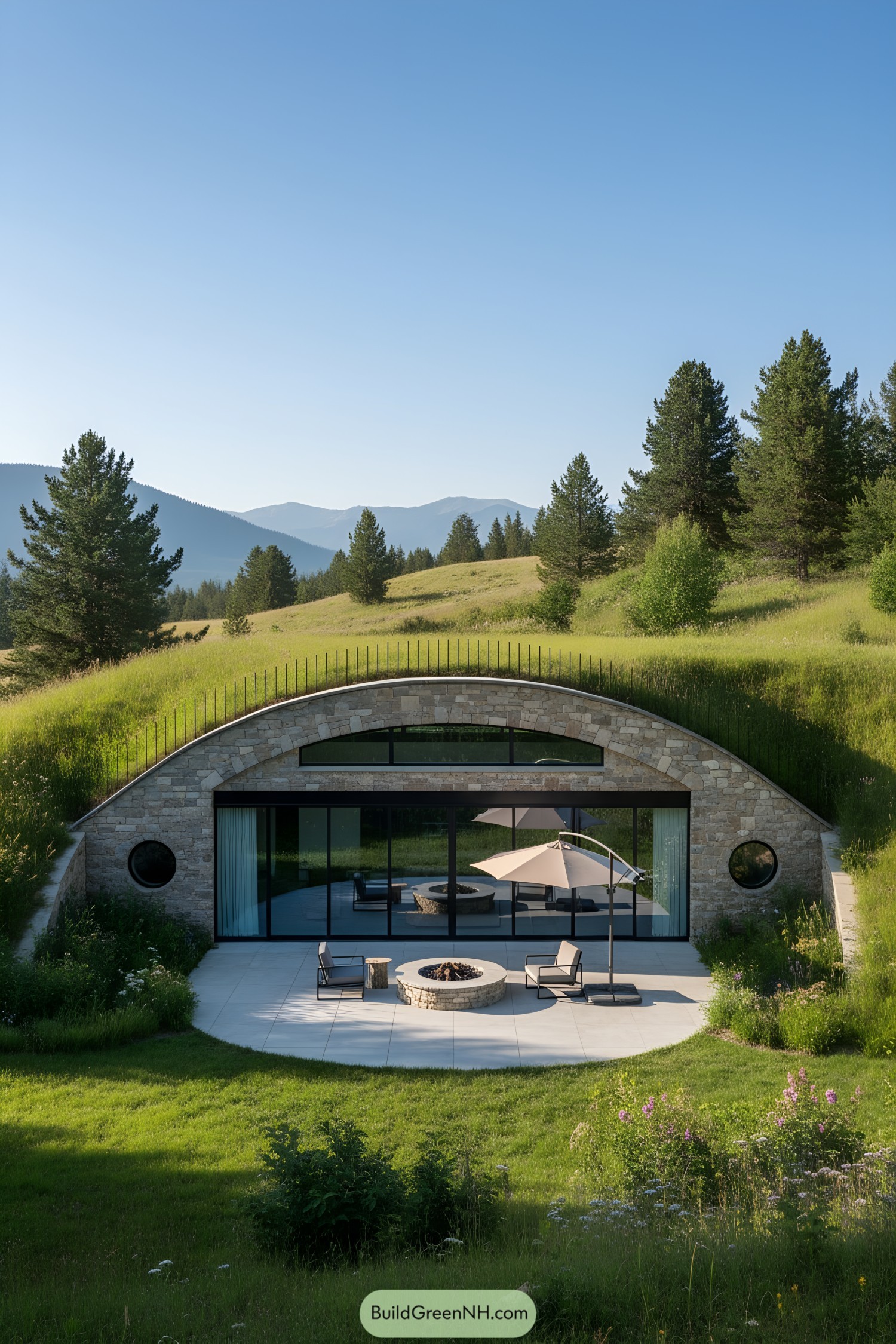 Underground house with round windows and grass-covered roof in a scenic landscape