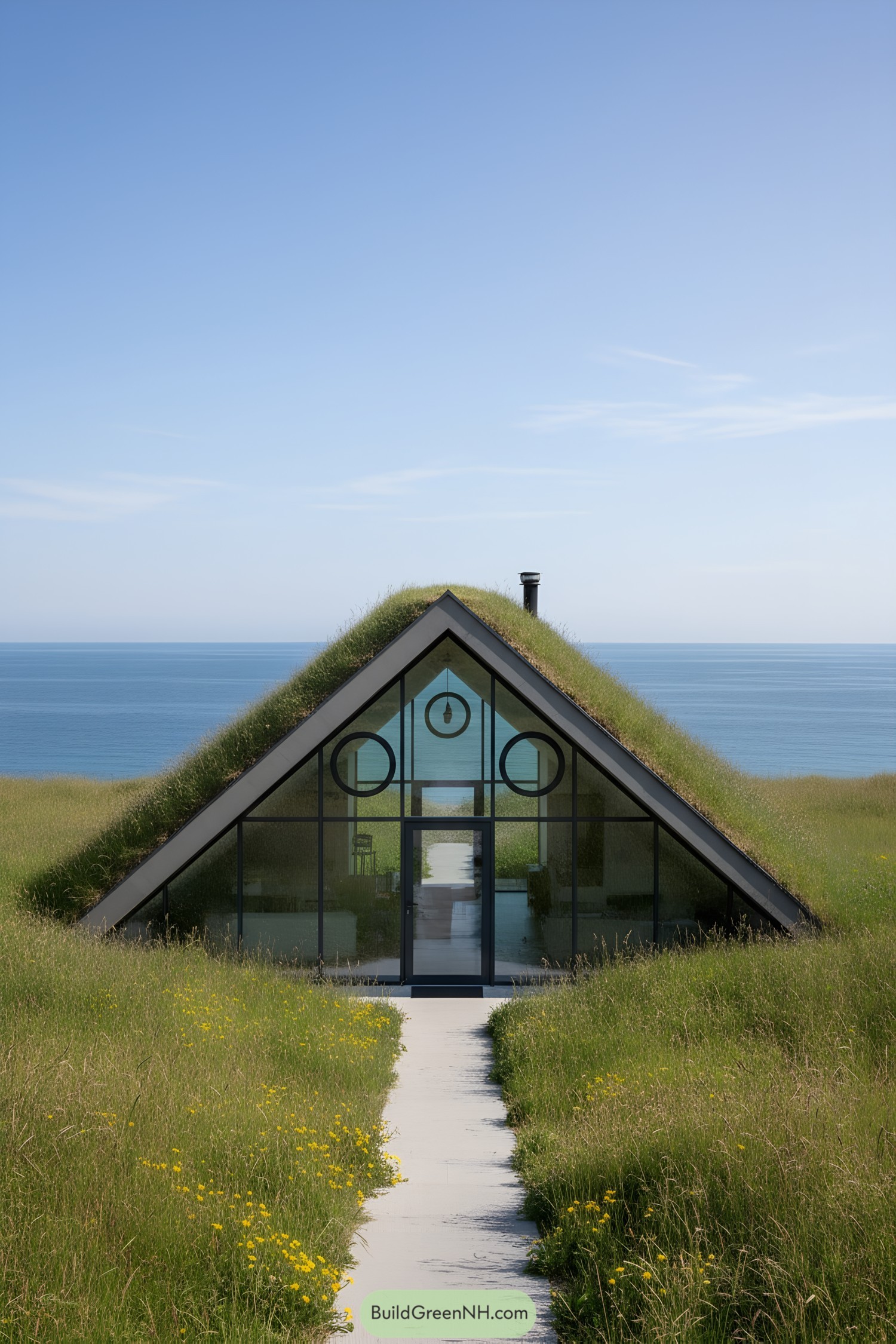 A-frame house with grass roof by the sea