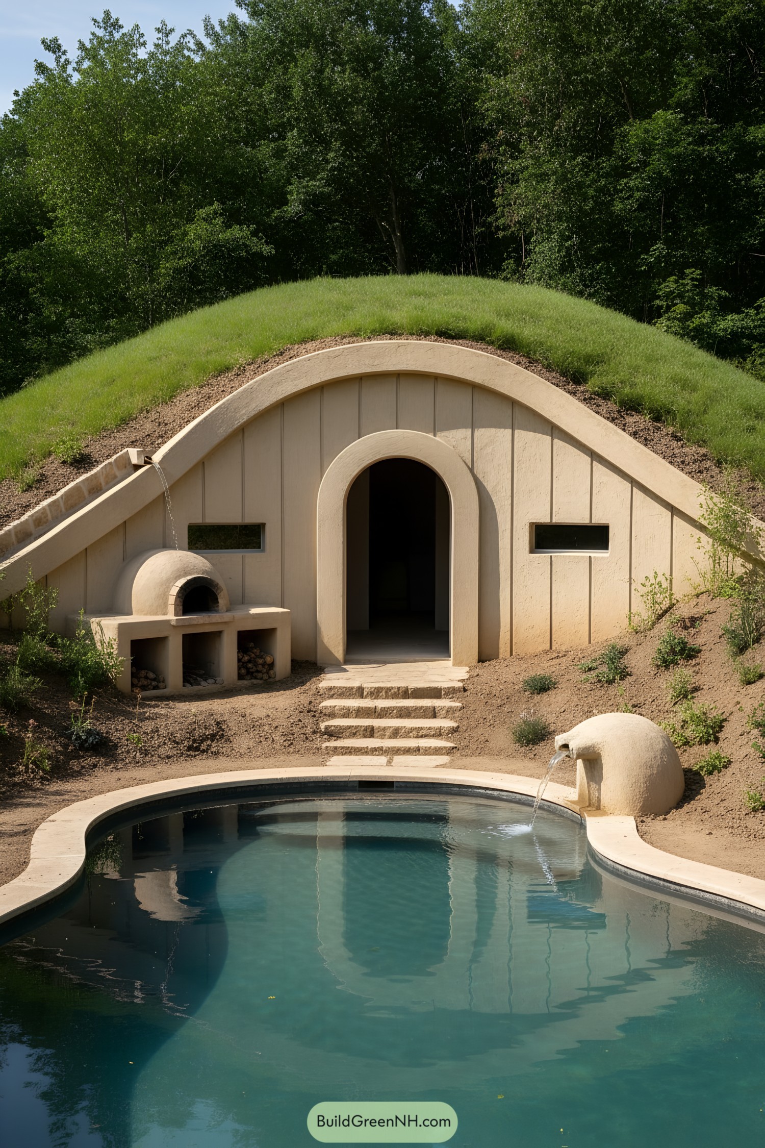 Underground house with a lush green roof by a pool