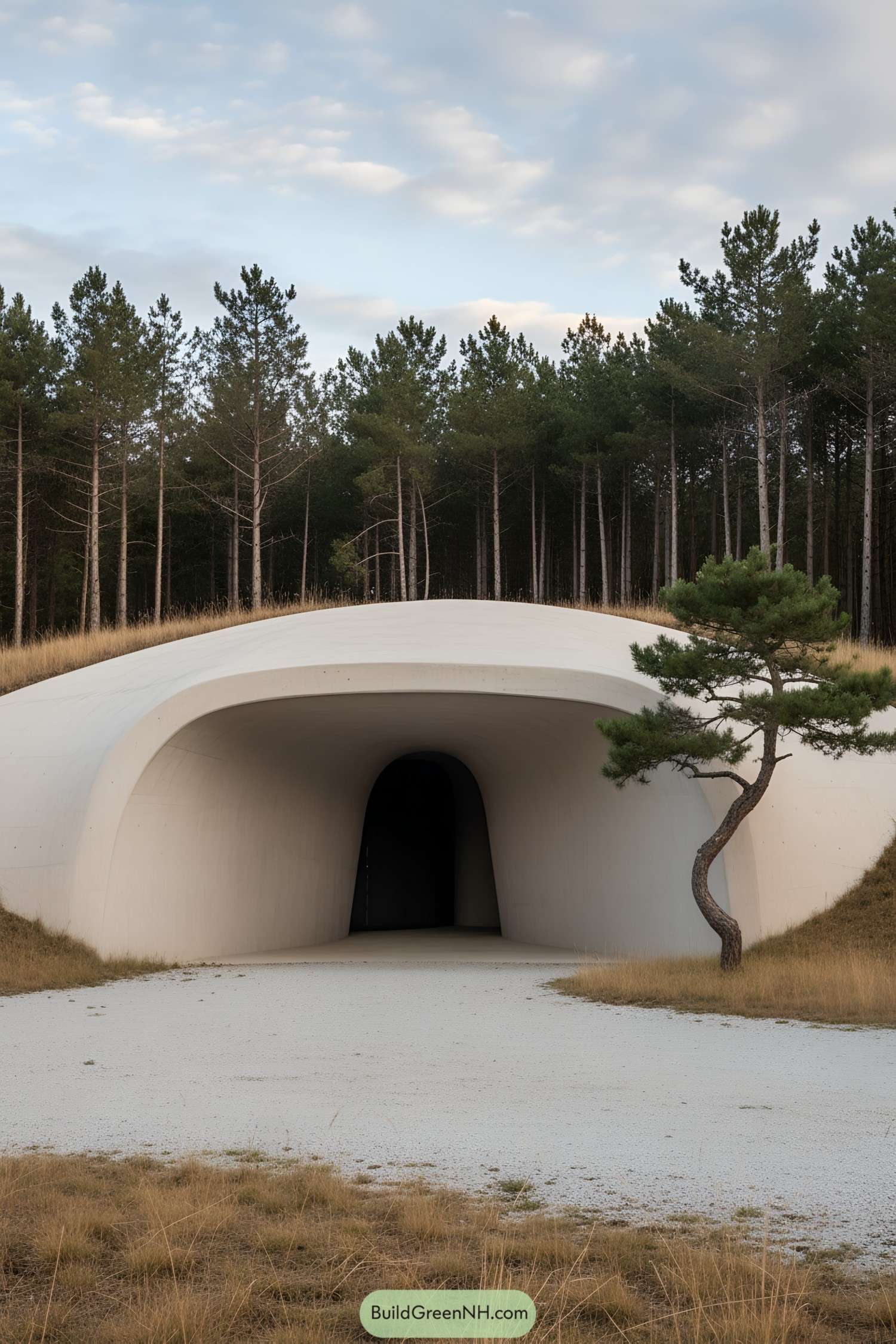 Entrance to an underground home with a tree and grassy roof