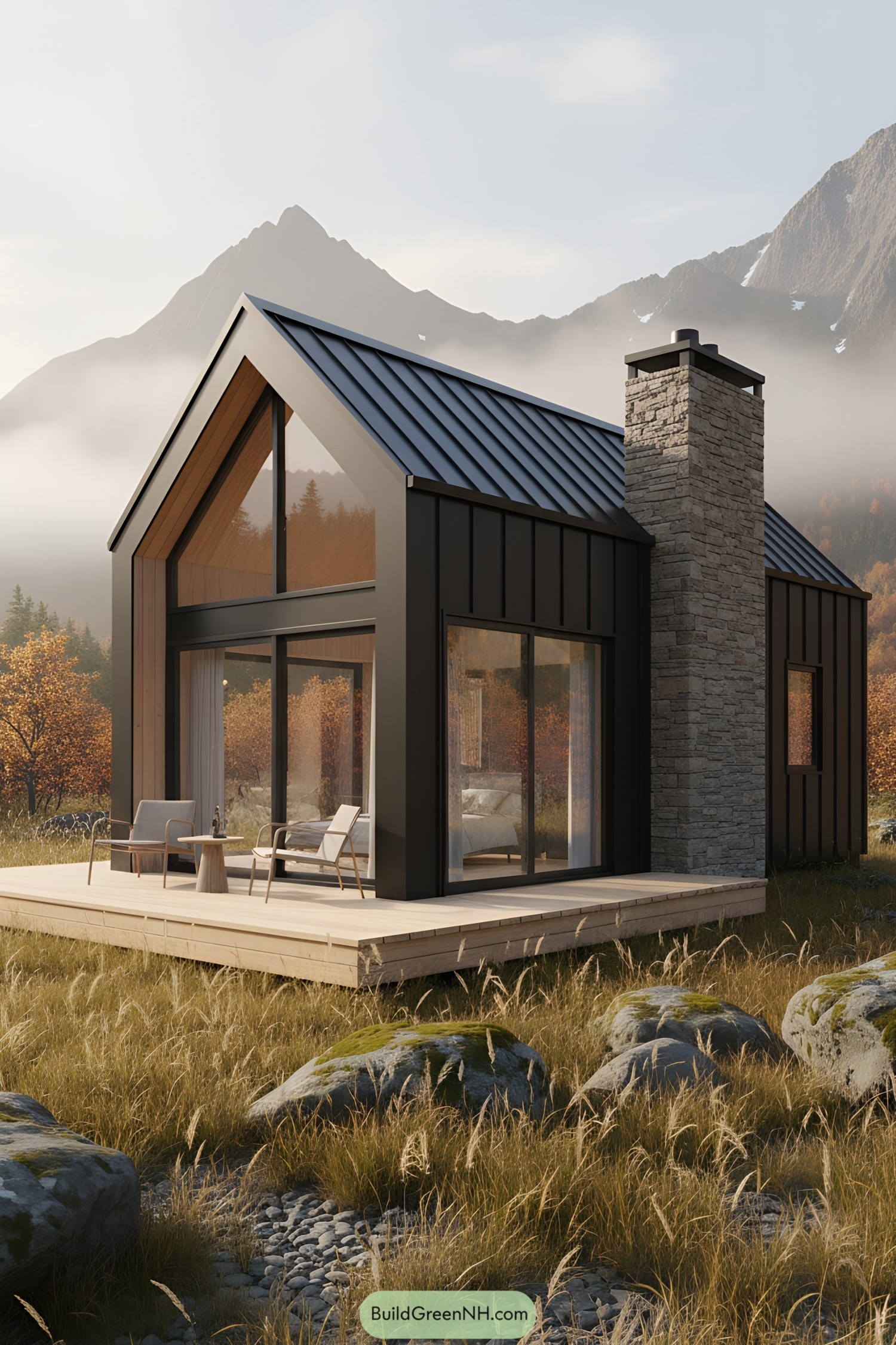 Modern tiny house with glass walls and a chimney in a mountainous setting