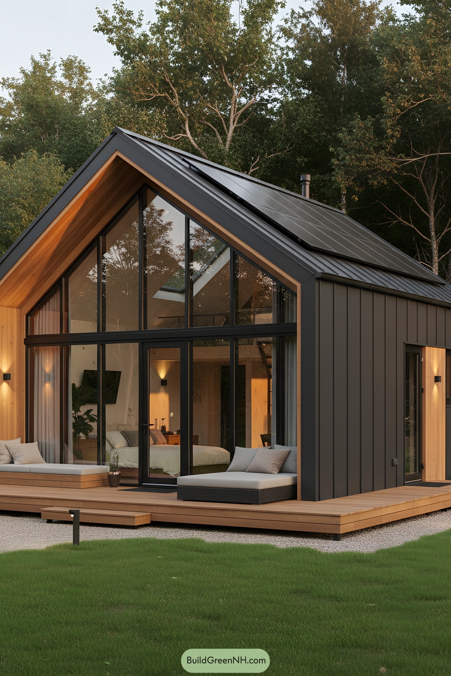 Modern black and wood tiny house with a glass facade in a forest setting