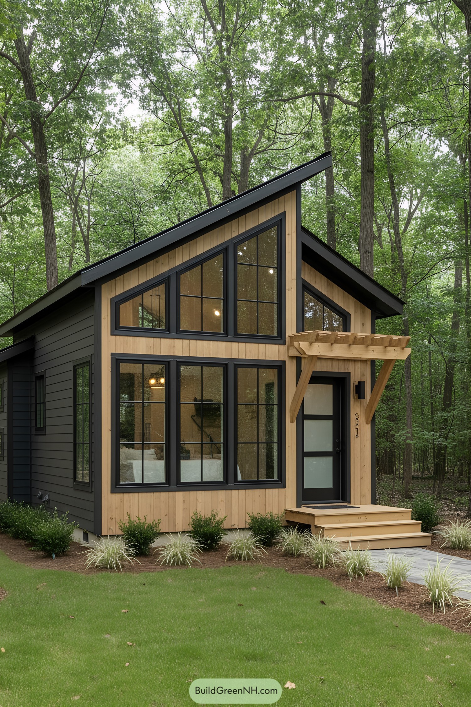 Modern tiny house with large windows nestled in a forest