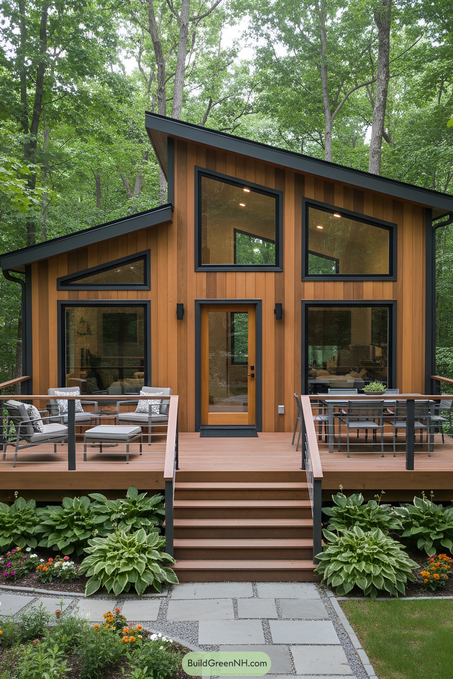 Small wooden house with large windows and a cozy patio