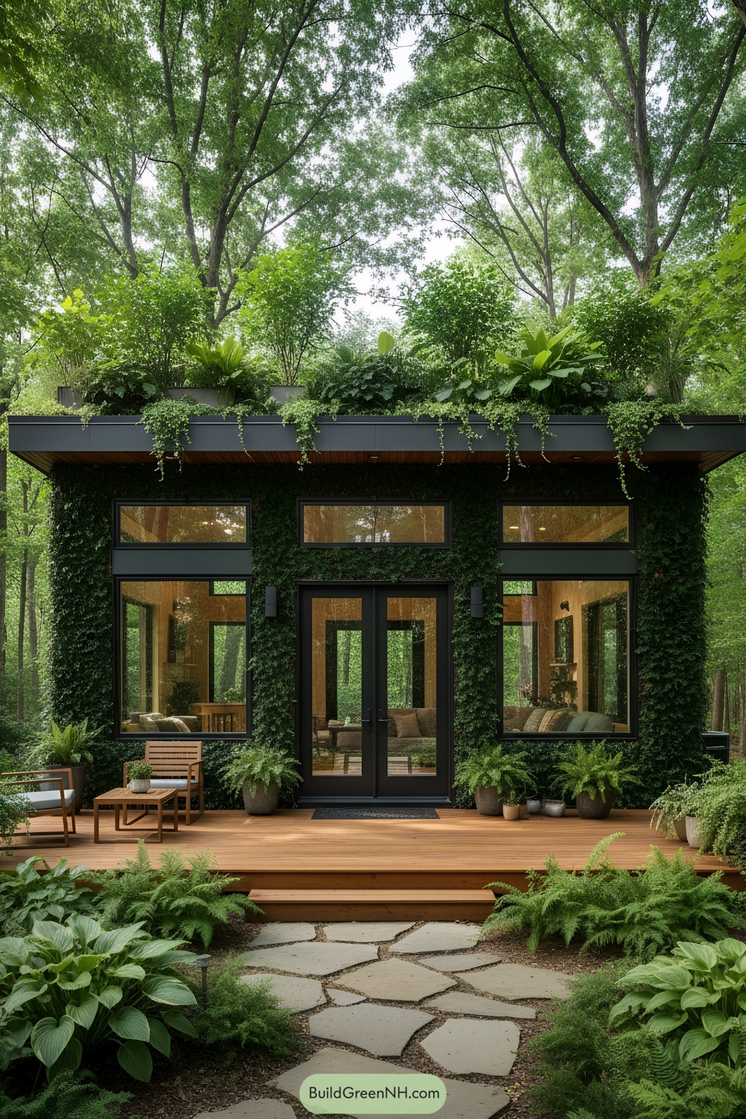 Tiny house with a lush green roof in a forest setting