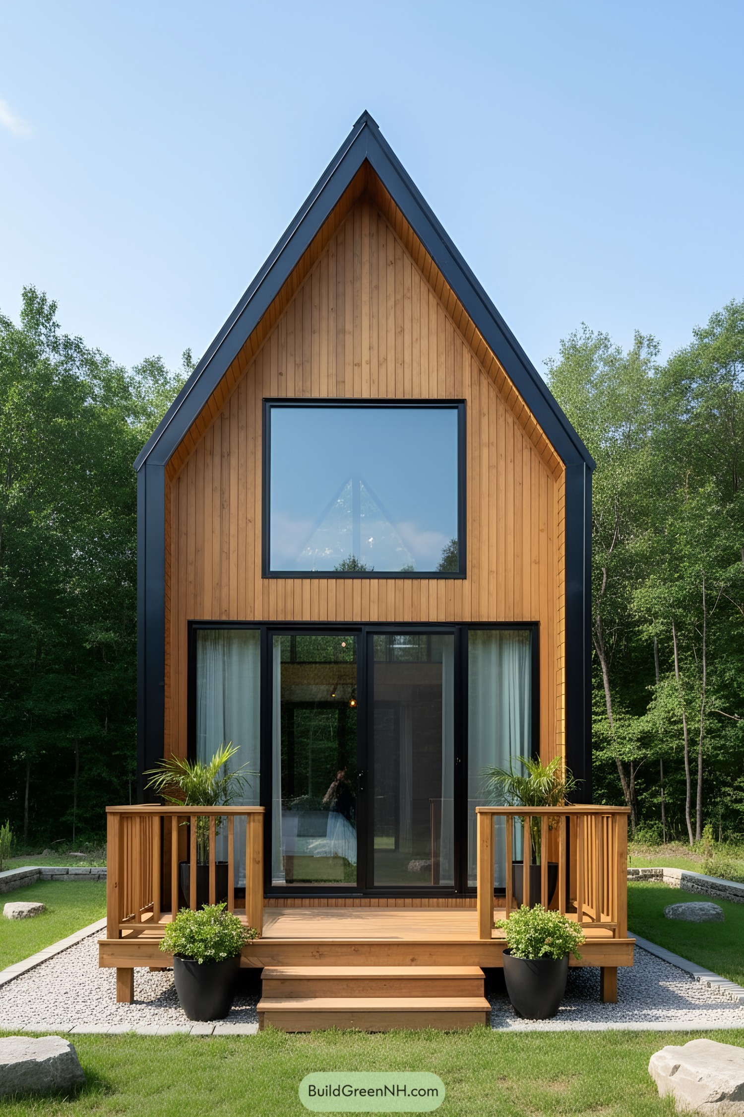Compact modern wooden A-frame tiny house surrounded by trees