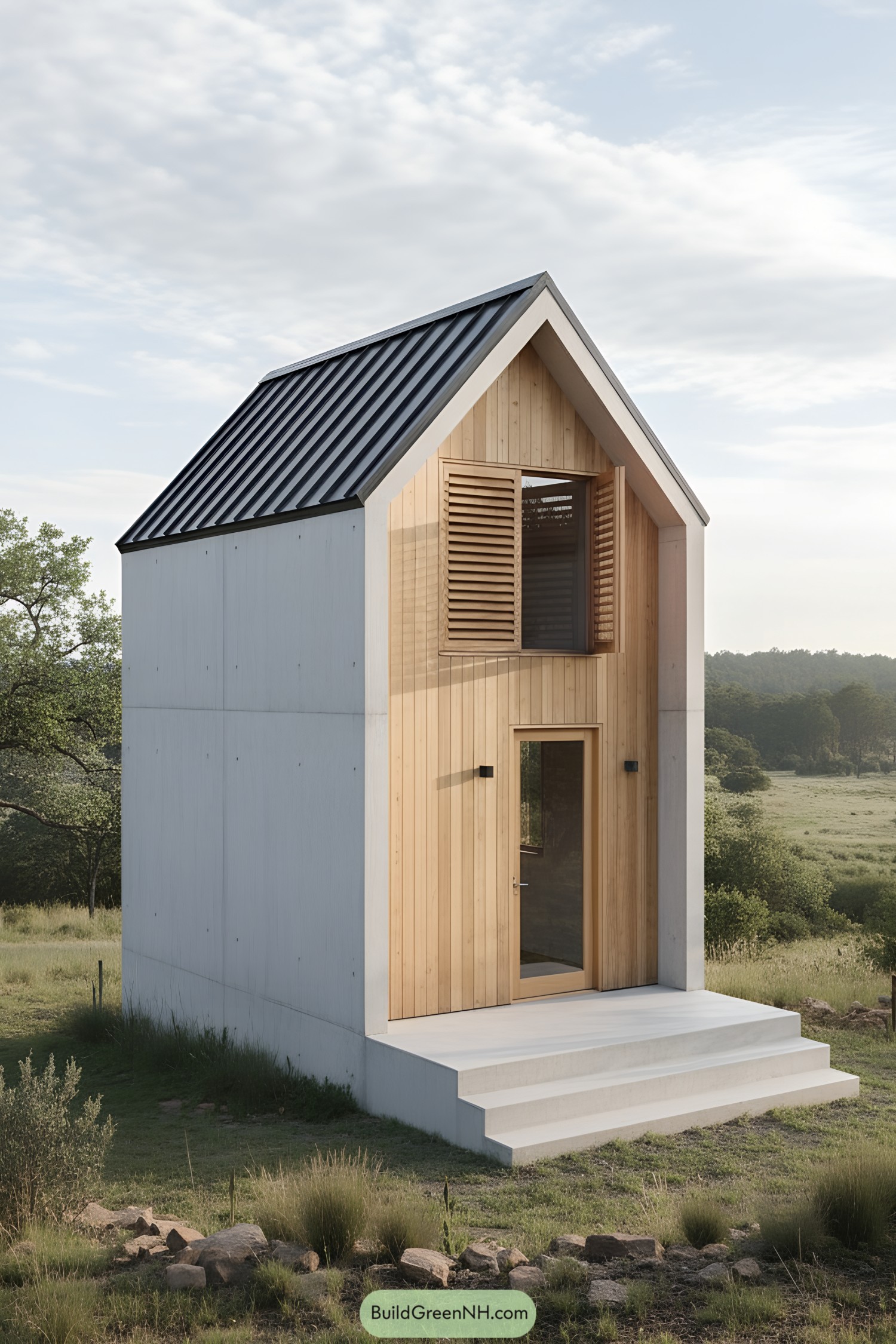Contemporary tiny house with wood and concrete exterior