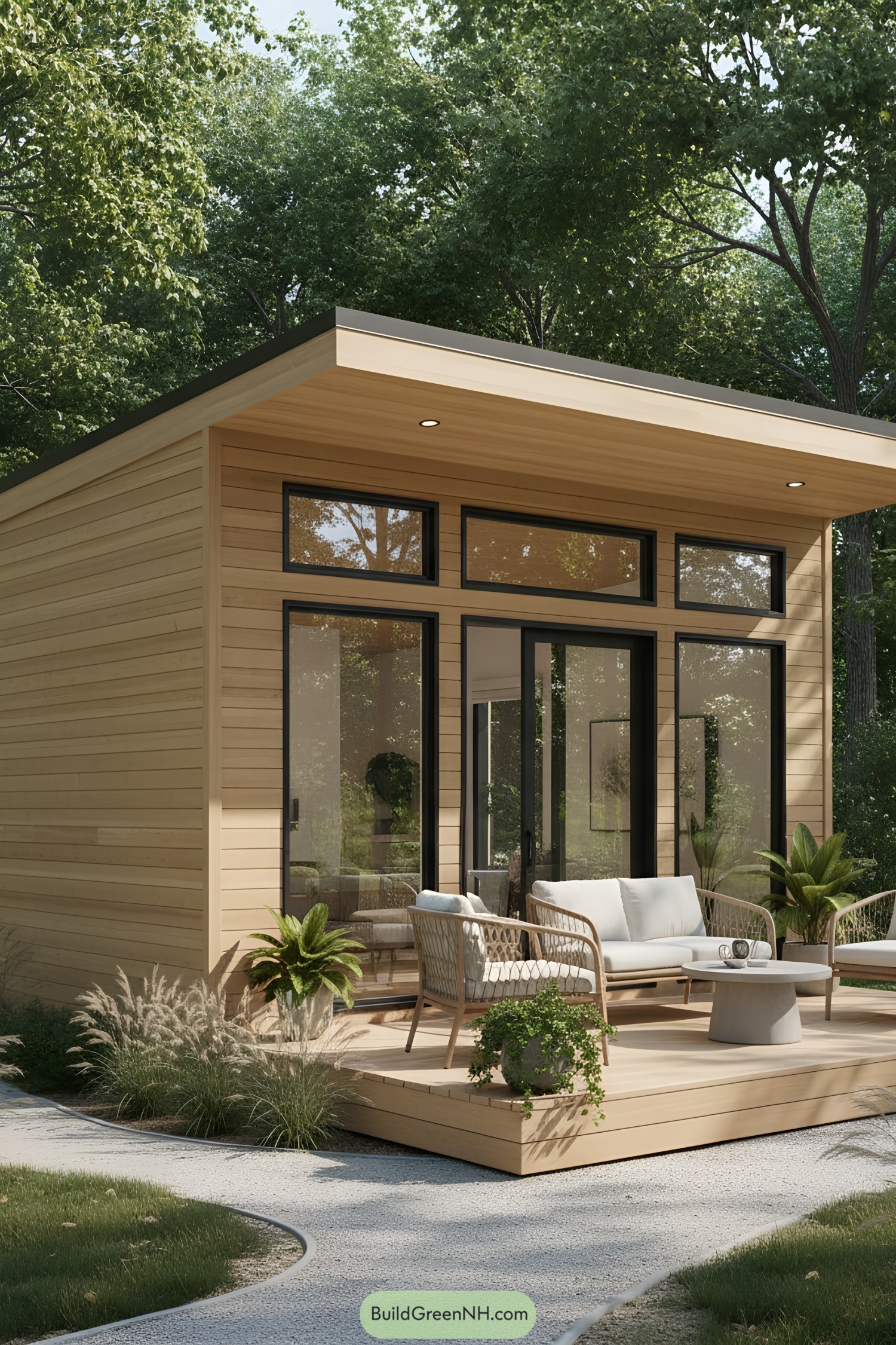 Tiny house with a minimalist design surrounded by trees