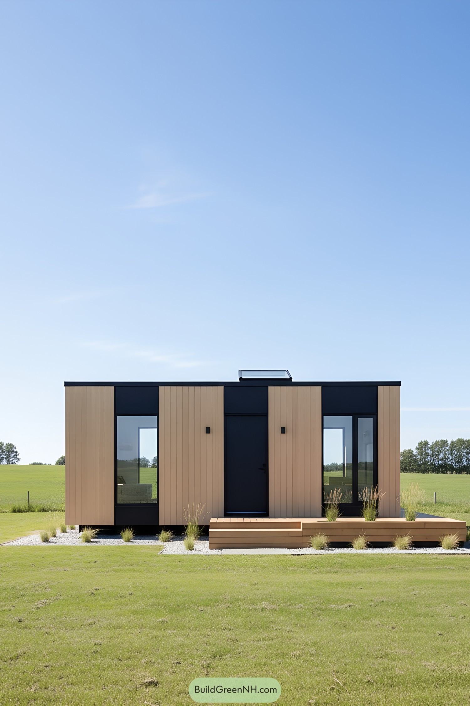 Compact wooden cabin with black accents