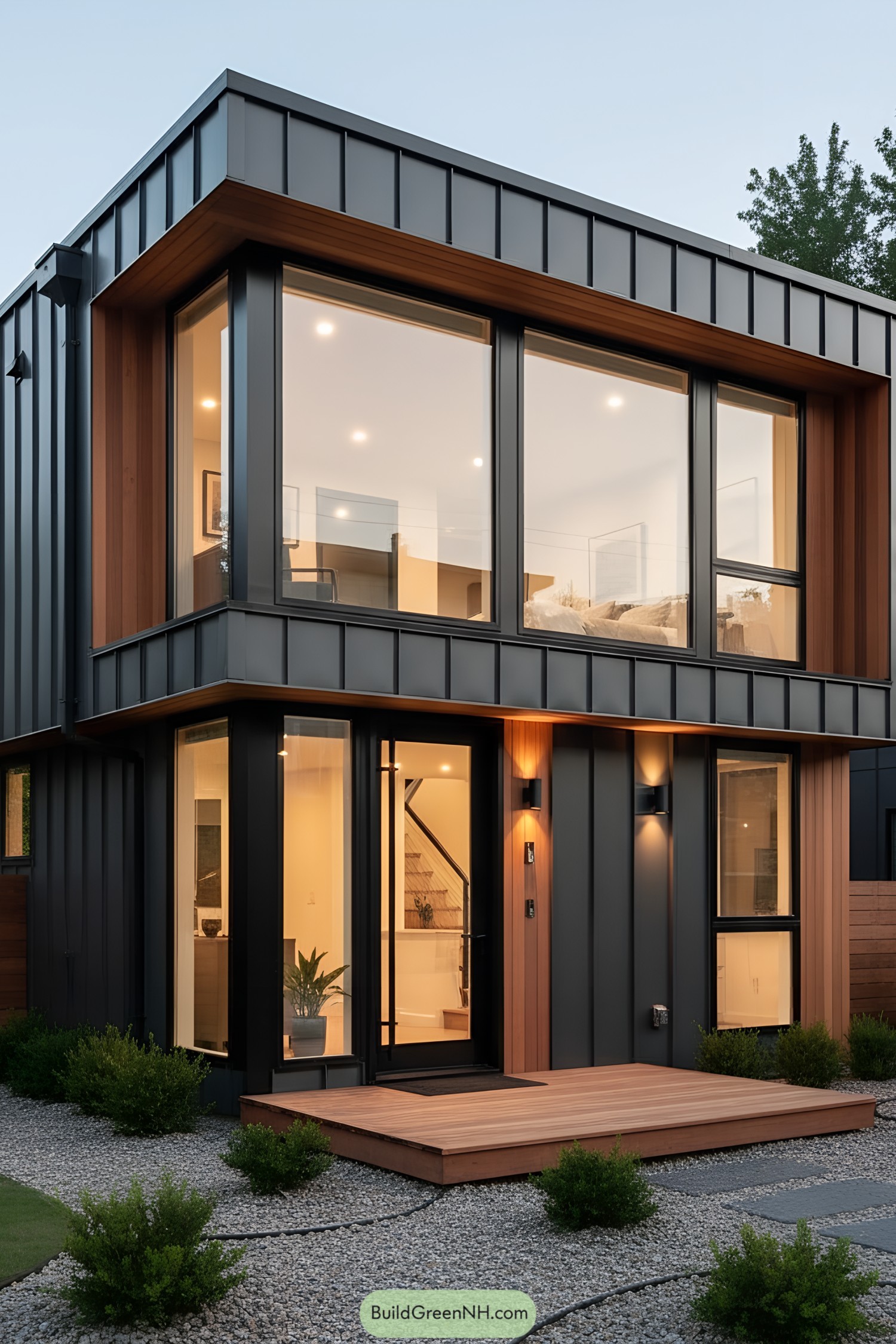 Modern tiny house with large windows and a sleek facade
