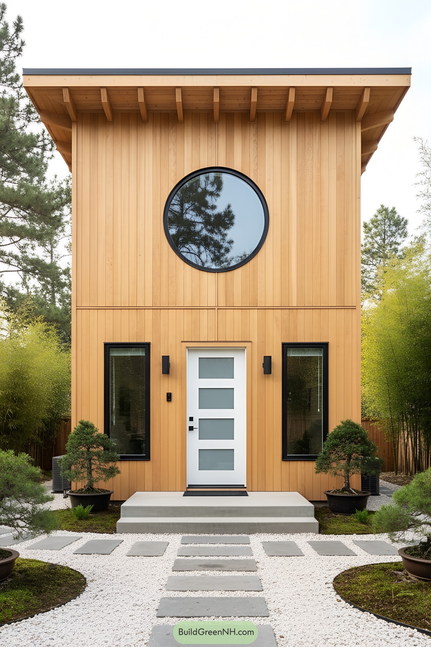 A modern tiny house with a circular window and wooden exterior