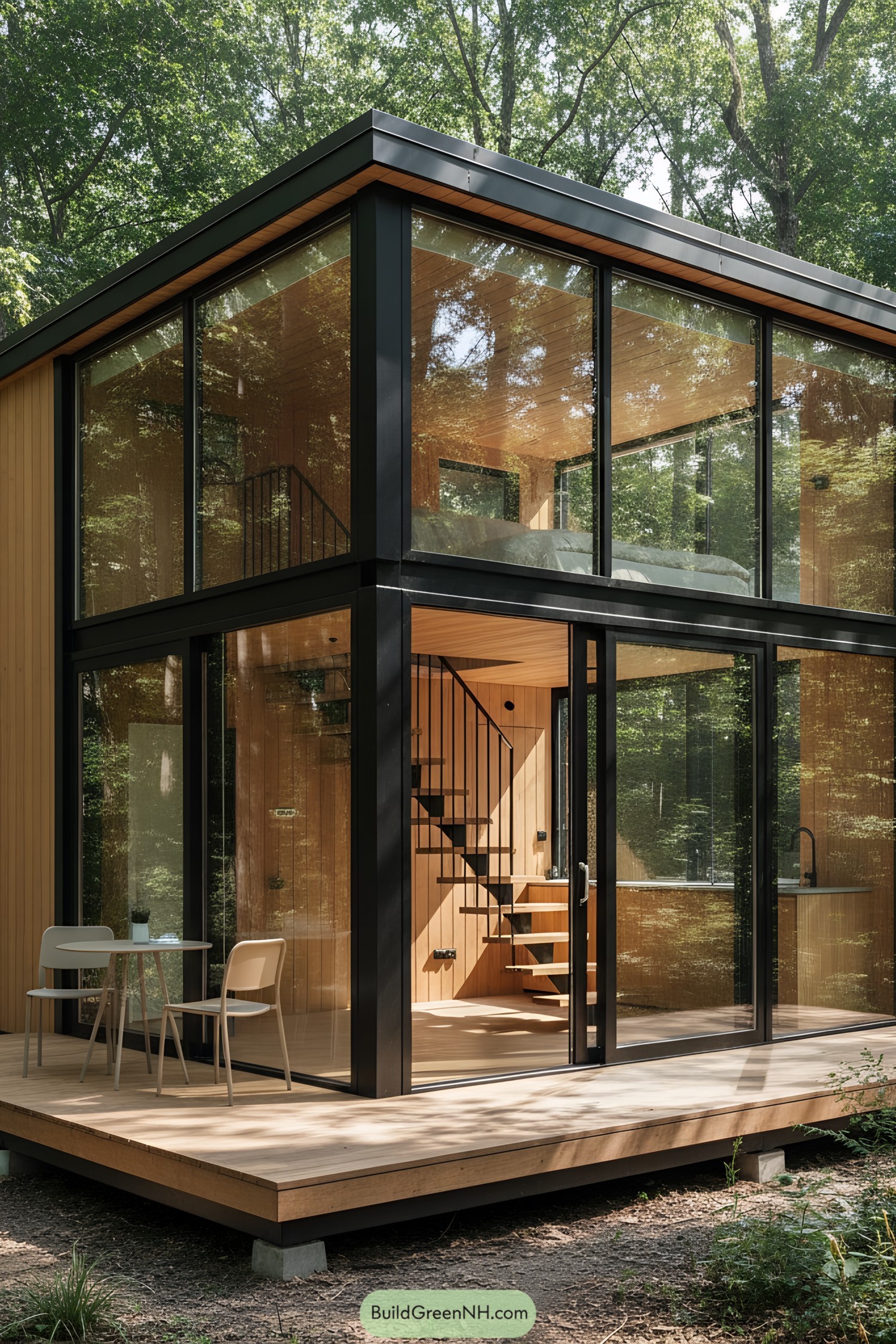 Modern tiny house with large glass windows surrounded by forest