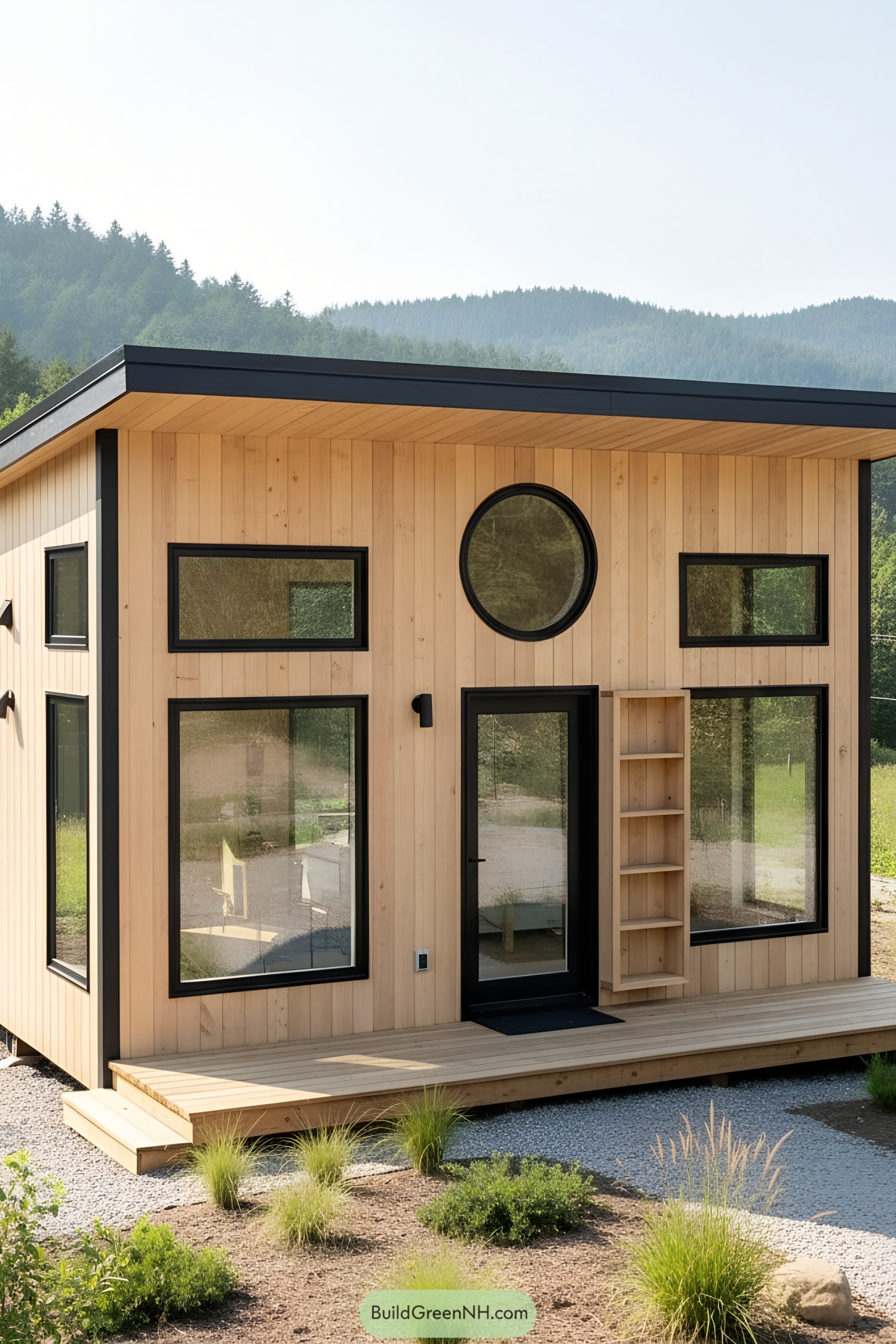 A modern wooden tiny house with large windows